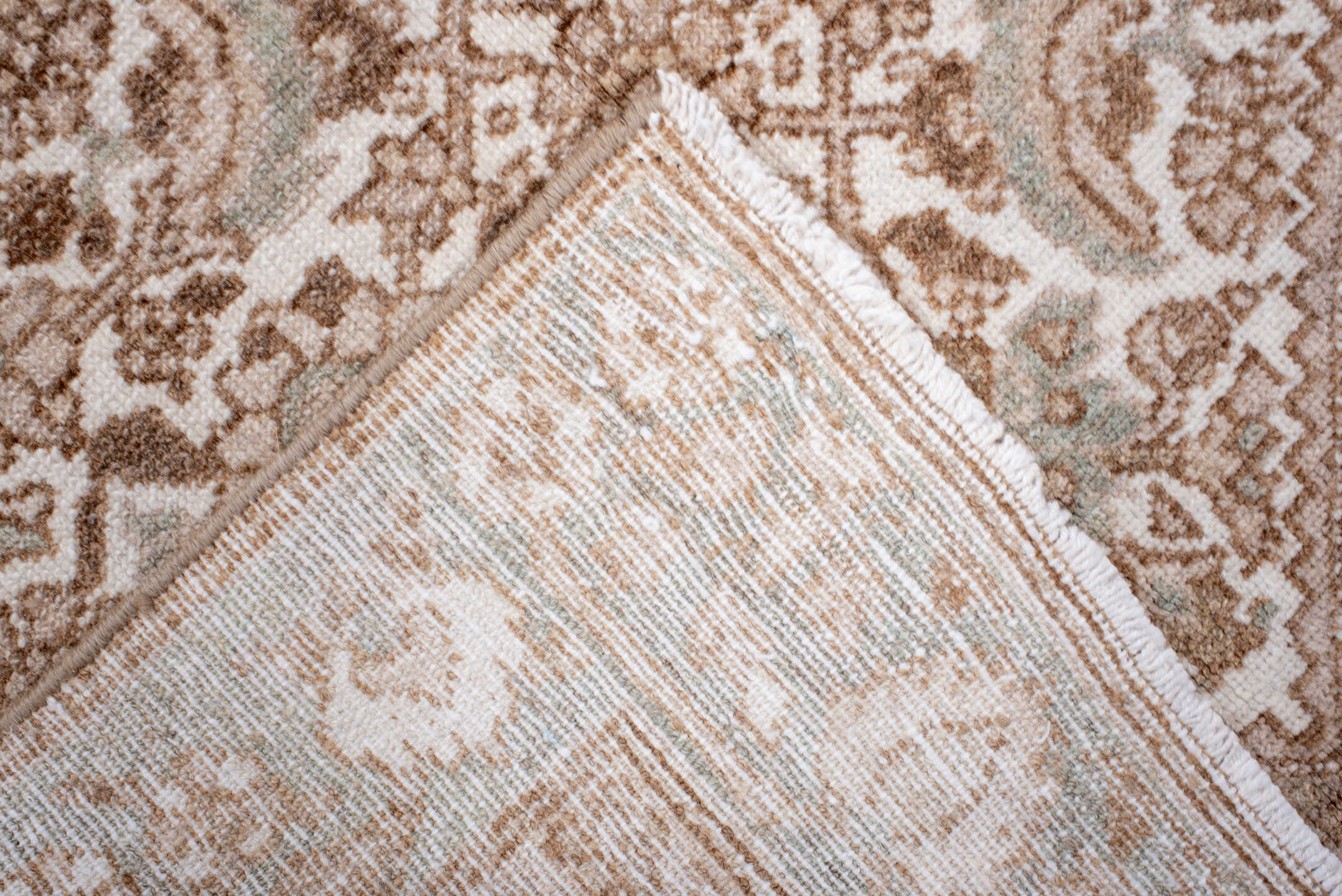 3' x 4' one-of-a-kind handmade antique Malayer small size rug. Color palette: ivory, camel, taupe, sage, beige, brown, gray