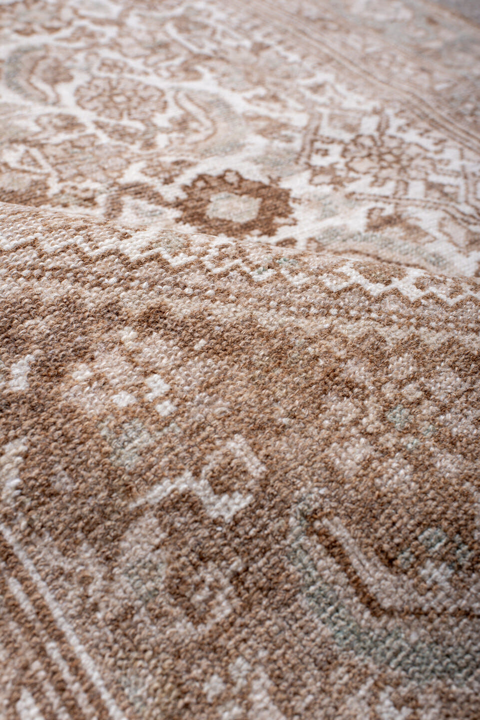 3' x 4' one-of-a-kind handmade antique Malayer small size rug. Color palette: ivory, camel, taupe, sage, beige, brown, gray