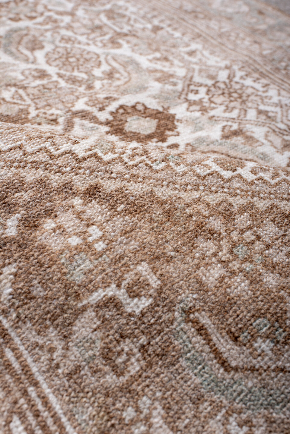 3' x 4' one-of-a-kind handmade antique Malayer small size rug. Color palette: ivory, camel, taupe, sage, beige, brown, gray