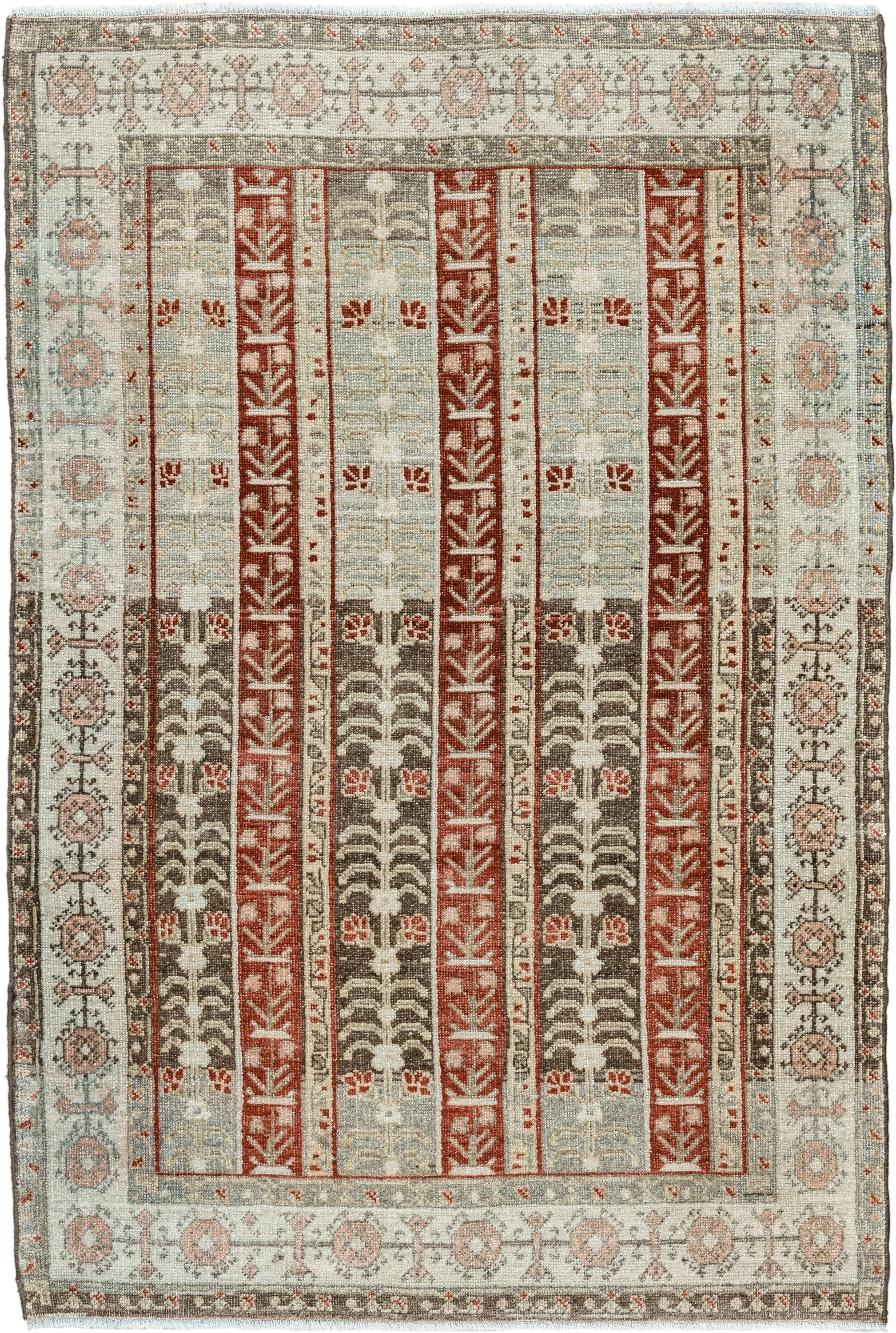 2' x 4' one-of-a-kind handmade vintage Bidjar small size rug. Color palette: ivory, taupe, rust, brown, blush, gray, beige