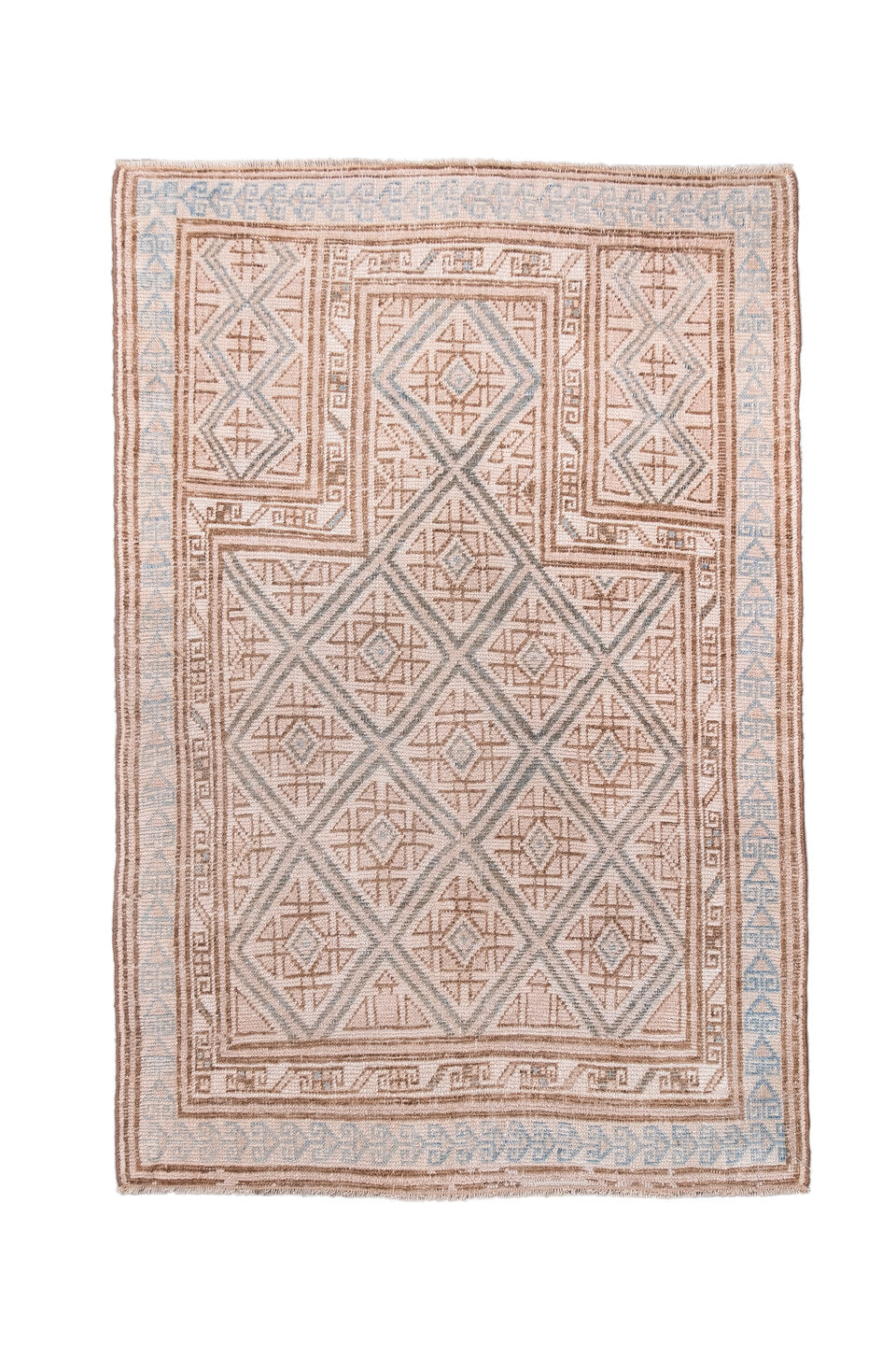 3' x 4' one-of-a-kind handmade antique Belouch small size rug. Color palette: ivory, camel, pale blue, taupe, sand, beige