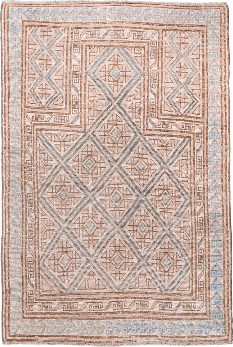3' x 4' one-of-a-kind handmade antique Belouch small size rug. Color palette: ivory, camel, pale blue, taupe, sand, beige