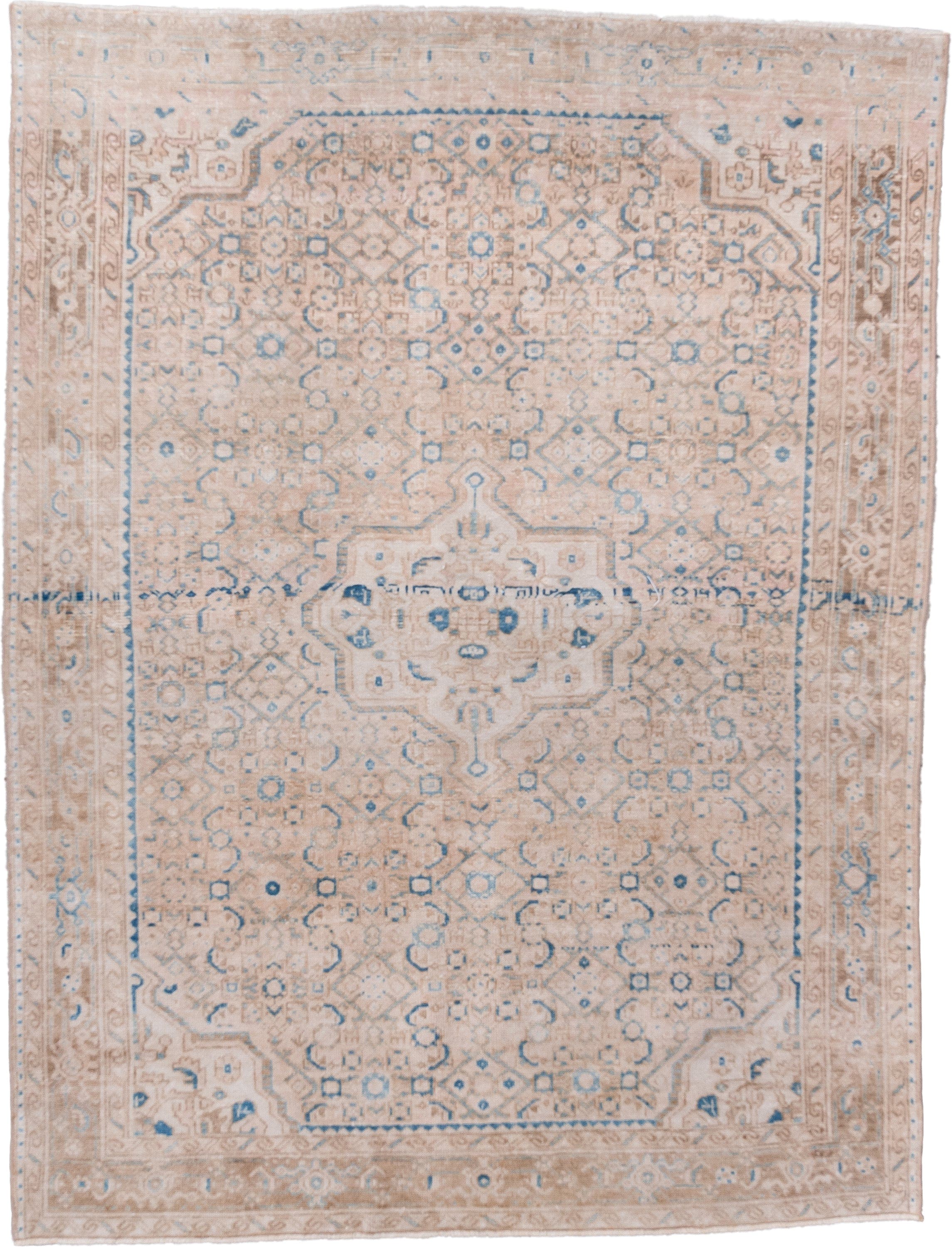 5' x 7' one-of-a-kind handmade vintage Hamadan rug. Color palette: ivory, beige, light blue, taupe, camel, gray