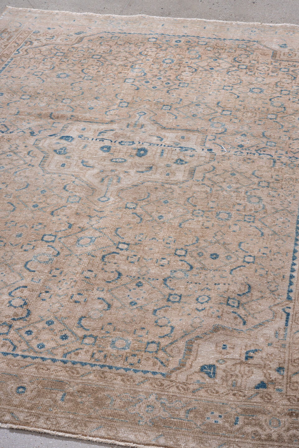 5' x 7' one-of-a-kind handmade vintage Hamadan rug. Color palette: ivory, beige, light blue, taupe, camel, gray