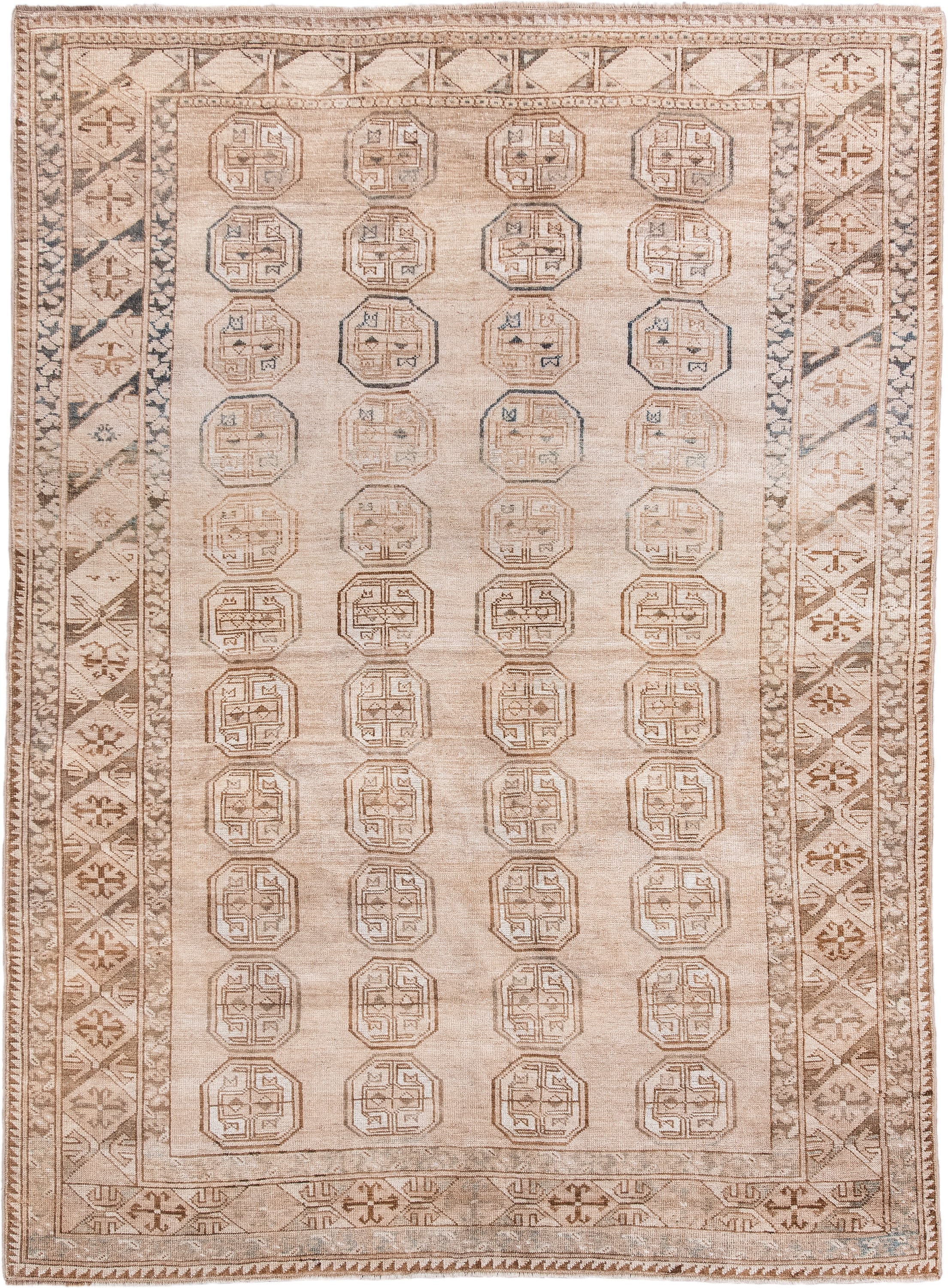 5' x 7' one-of-a-kind handmade antique Afghan rug. Color palette: ivory, taupe, camel, sand, brown, slate, beige, gray