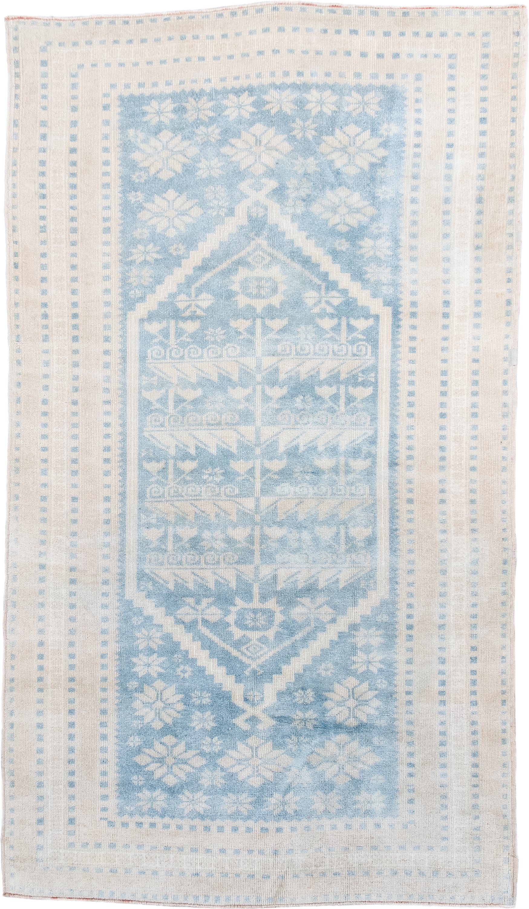 3' x 6' one-of-a-kind handmade antique Anatolian small size rug. Color palette: ivory, sky blue, powder blue, cream