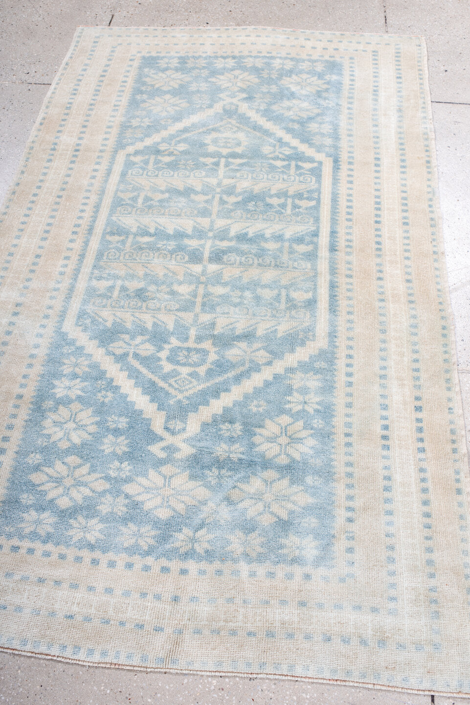3' x 6' one-of-a-kind handmade antique Anatolian small size rug. Color palette: ivory, sky blue, powder blue, cream