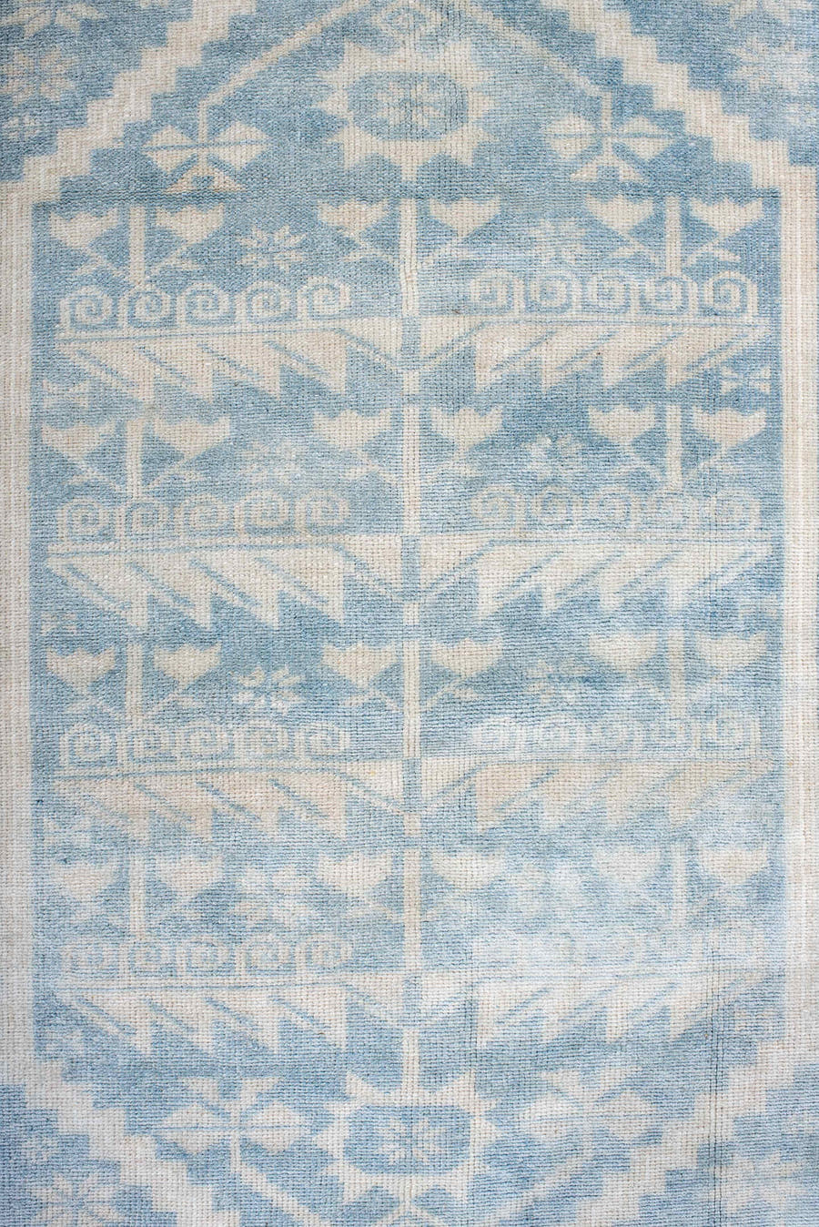 3' x 6' one-of-a-kind handmade antique Anatolian small size rug. Color palette: ivory, sky blue, powder blue, cream