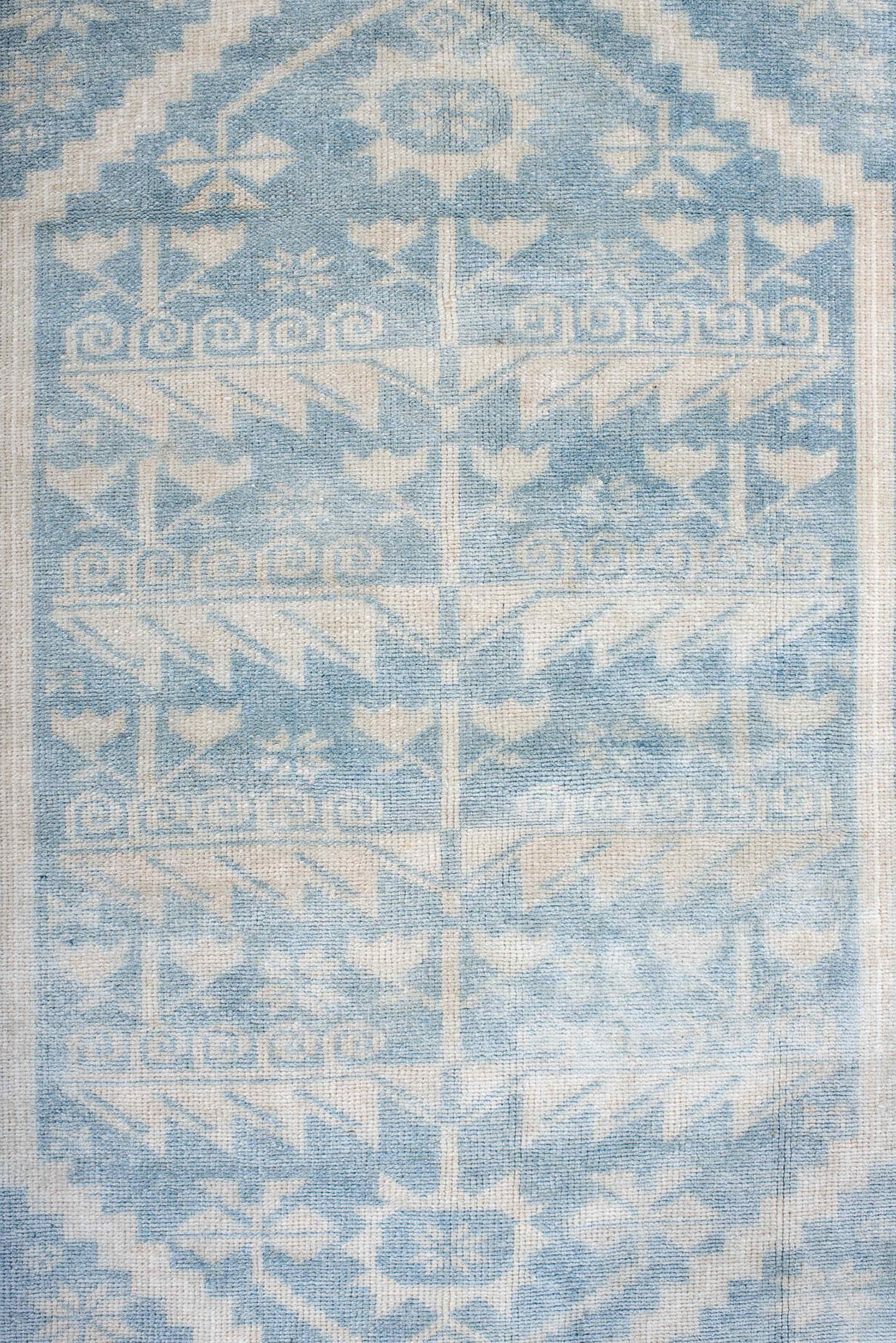 3' x 6' one-of-a-kind handmade antique Anatolian small size rug. Color palette: ivory, sky blue, powder blue, cream