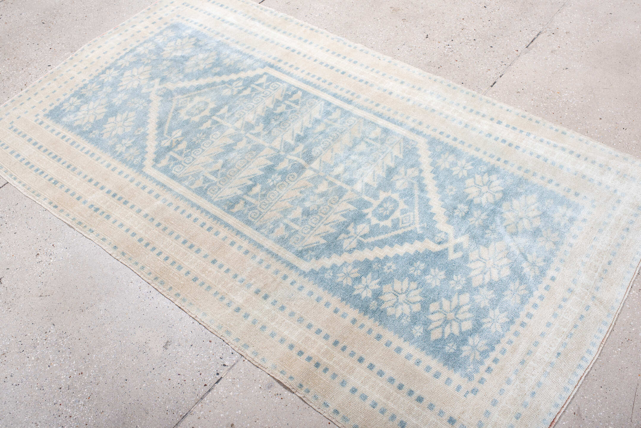 3' x 6' one-of-a-kind handmade antique Anatolian small size rug. Color palette: ivory, sky blue, powder blue, cream