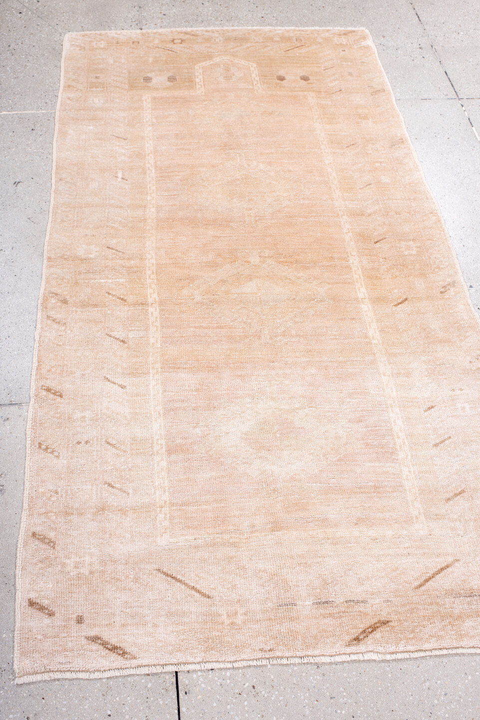 3' x 6' one-of-a-kind handmade antique Anatolian runner rug. Color palette: blush, ivory, peach, taupe, camel, pink