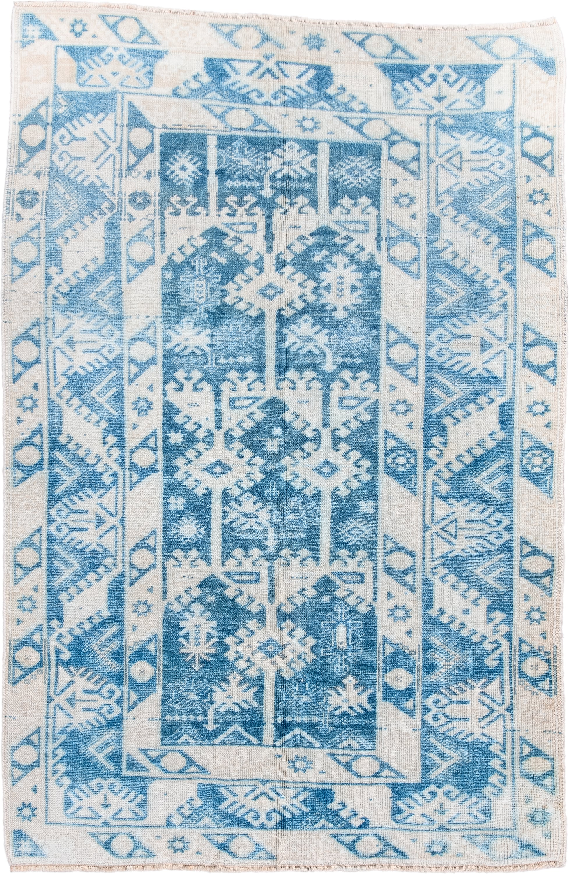 3' x 5' one-of-a-kind handmade antique Anatolian small size rug. Color palette: ivory, sky blue, powder blue, cream