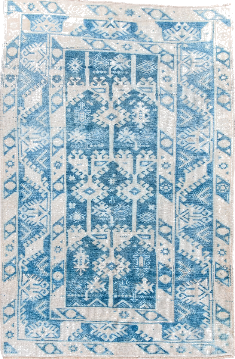 3' x 5' one-of-a-kind handmade vintage Anatolian small size rug. Color palette: alice blue, blue, dark gray, gainsboro, gray