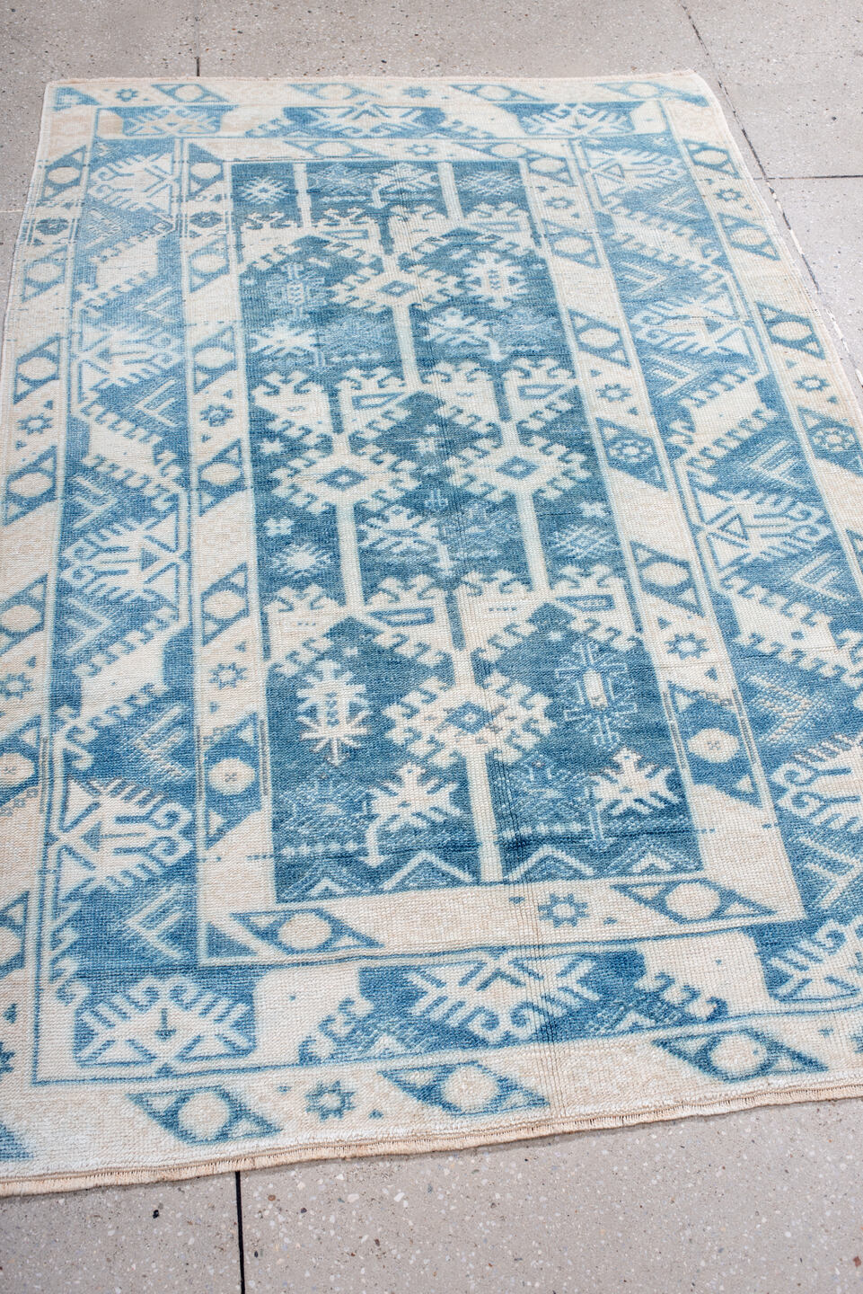 3' x 5' one-of-a-kind handmade antique Anatolian small size rug. Color palette: ivory, sky blue, powder blue, cream