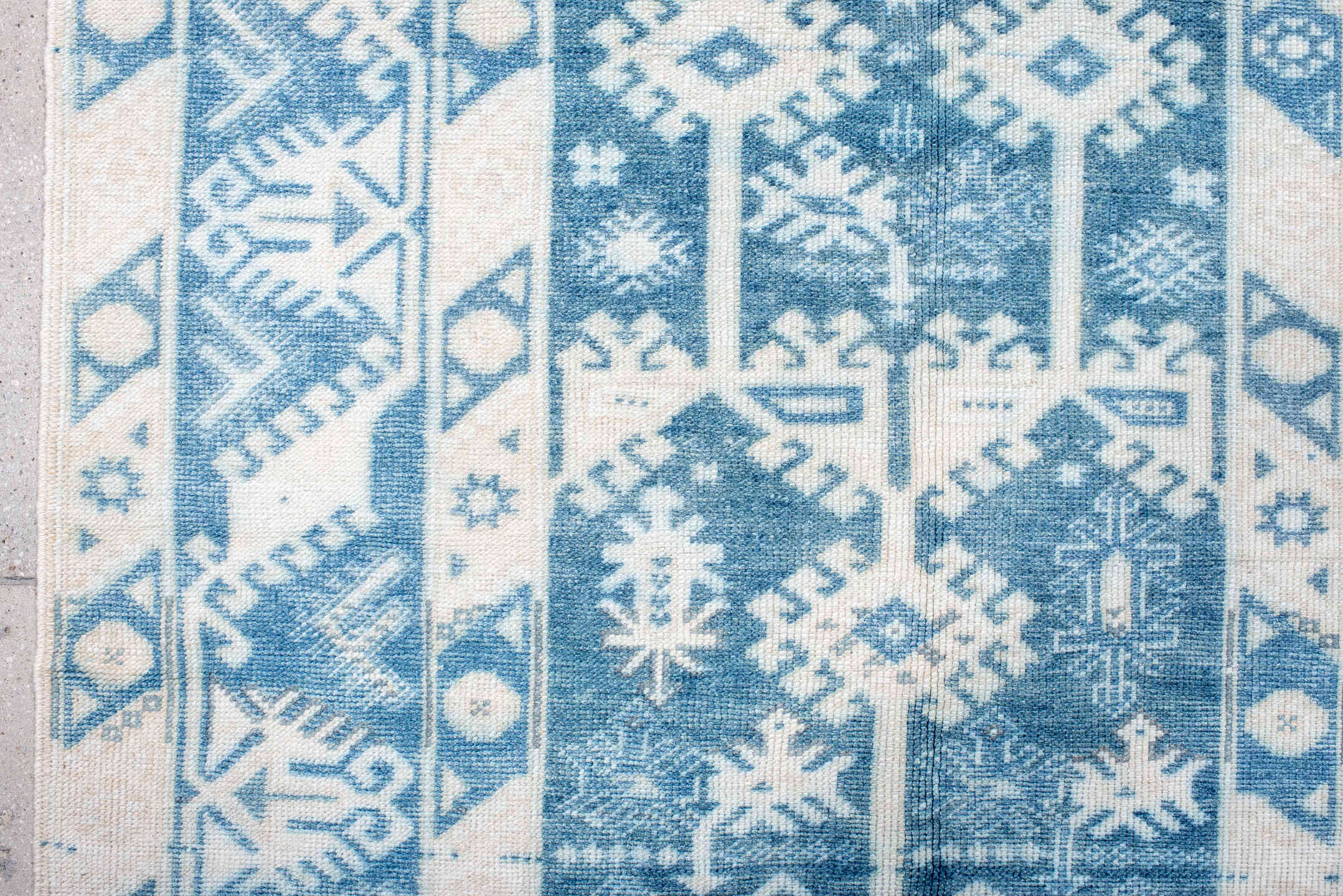 3' x 5' one-of-a-kind handmade vintage Anatol small size rug. Color palette: alice blue, blue, dark gray, gainsboro, gray