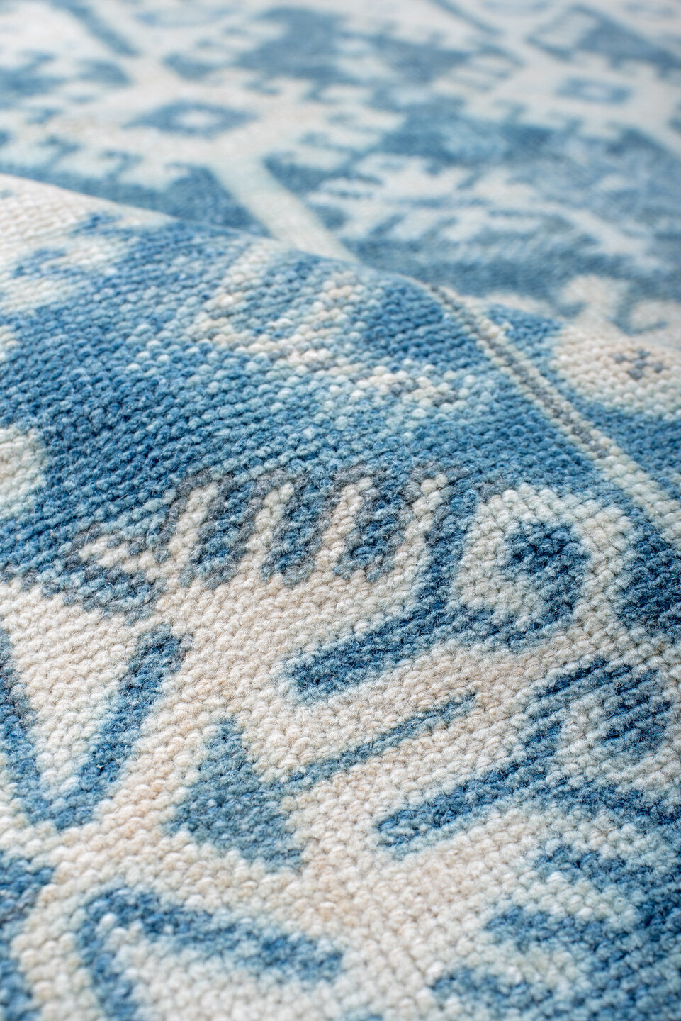 3' x 5' one-of-a-kind handmade antique Anatolian small size rug. Color palette: ivory, sky blue, powder blue, cream