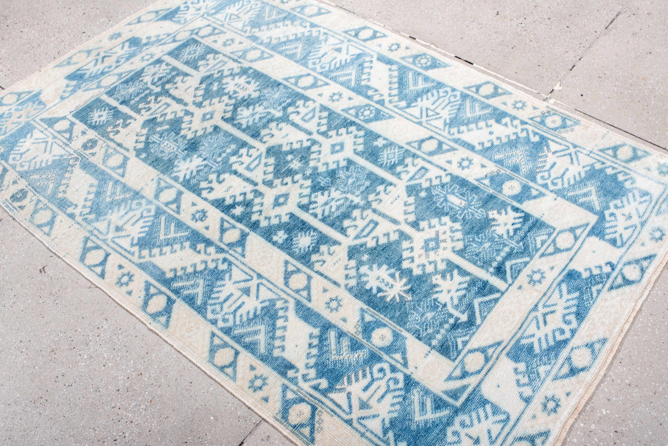 3' x 5' one-of-a-kind handmade antique Anatolian small size rug. Color palette: ivory, sky blue, powder blue, cream