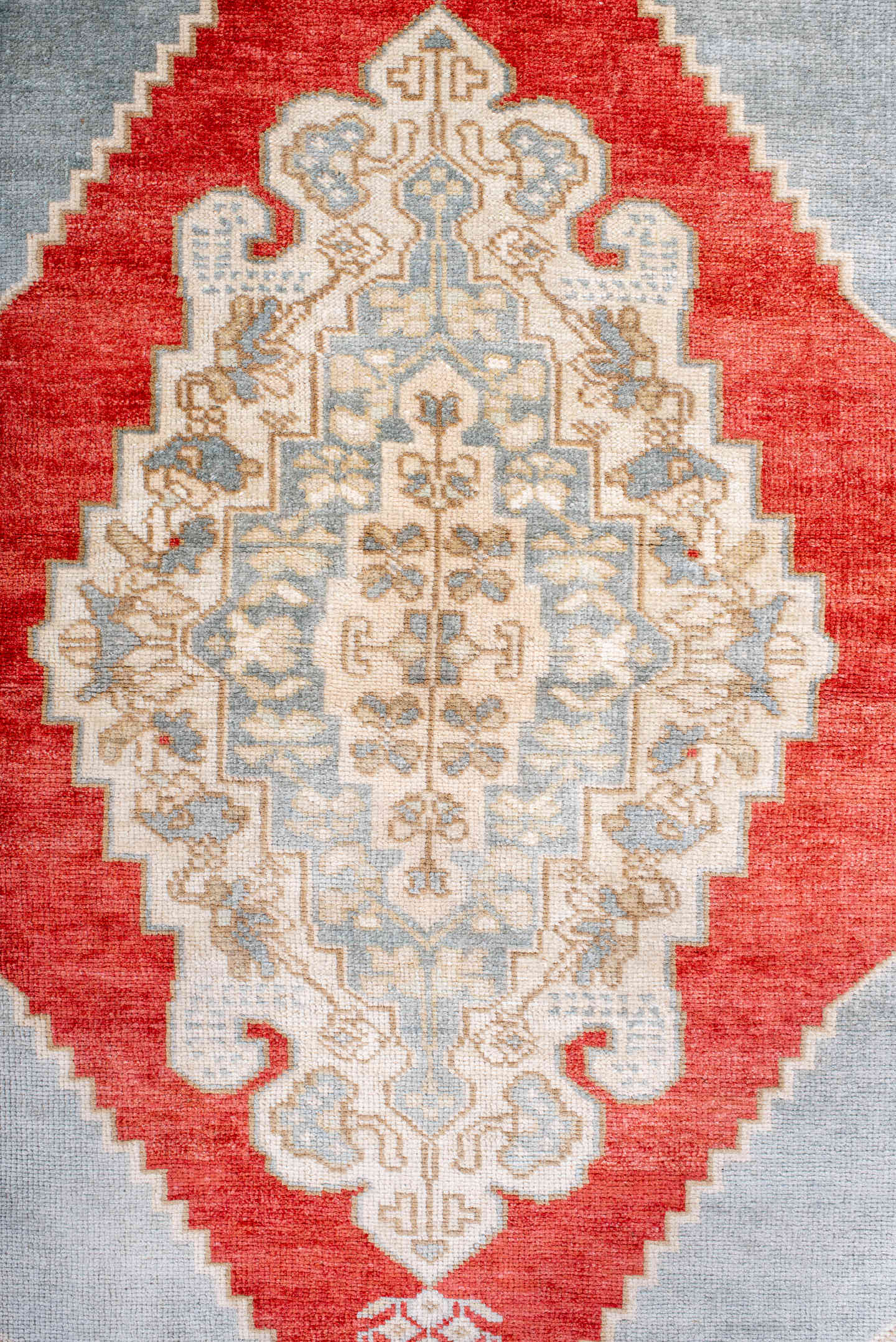 3' x 5' one-of-a-kind handmade antique Anatolian small size rug. Color palette: ivory, light blue, beige, red, taupe, gray