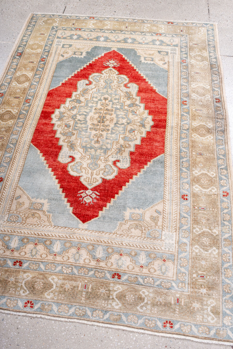 3' x 5' one-of-a-kind handmade antique Anatolian small size rug. Color palette: ivory, light blue, beige, red, taupe, gray