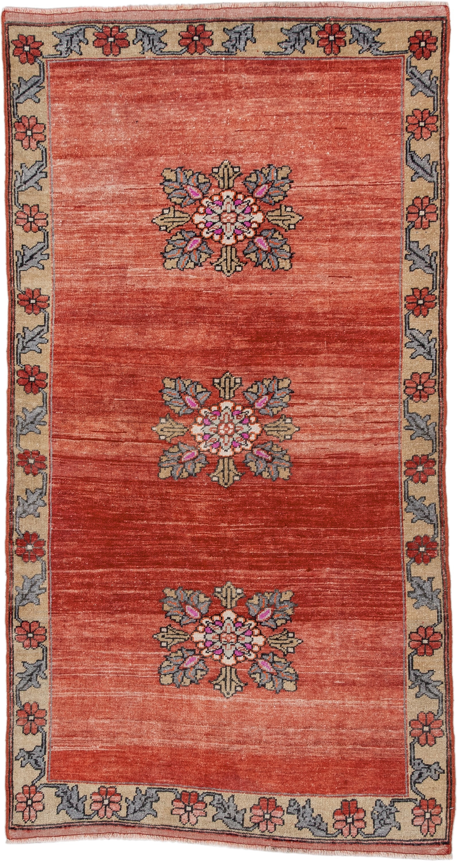 3' x 6' one-of-a-kind handmade antique Anatolian small size rug. Color palette: terra cotta, ivory, slate, rust, rose, olive