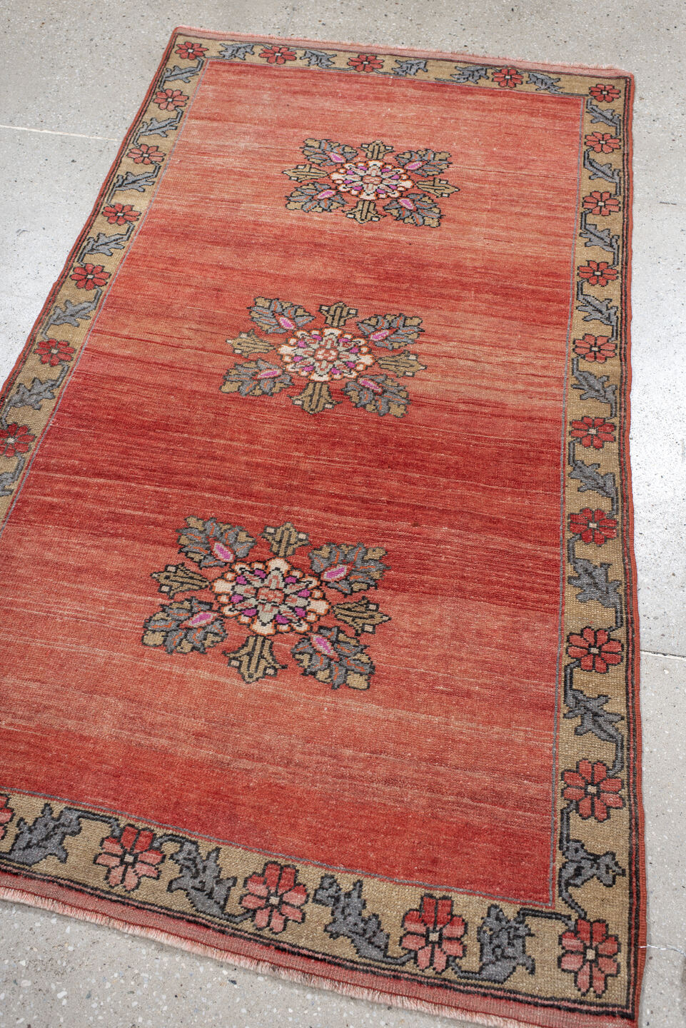 3' x 6' one-of-a-kind handmade antique Anatolian small size rug. Color palette: terra cotta, ivory, slate, rust, rose, olive