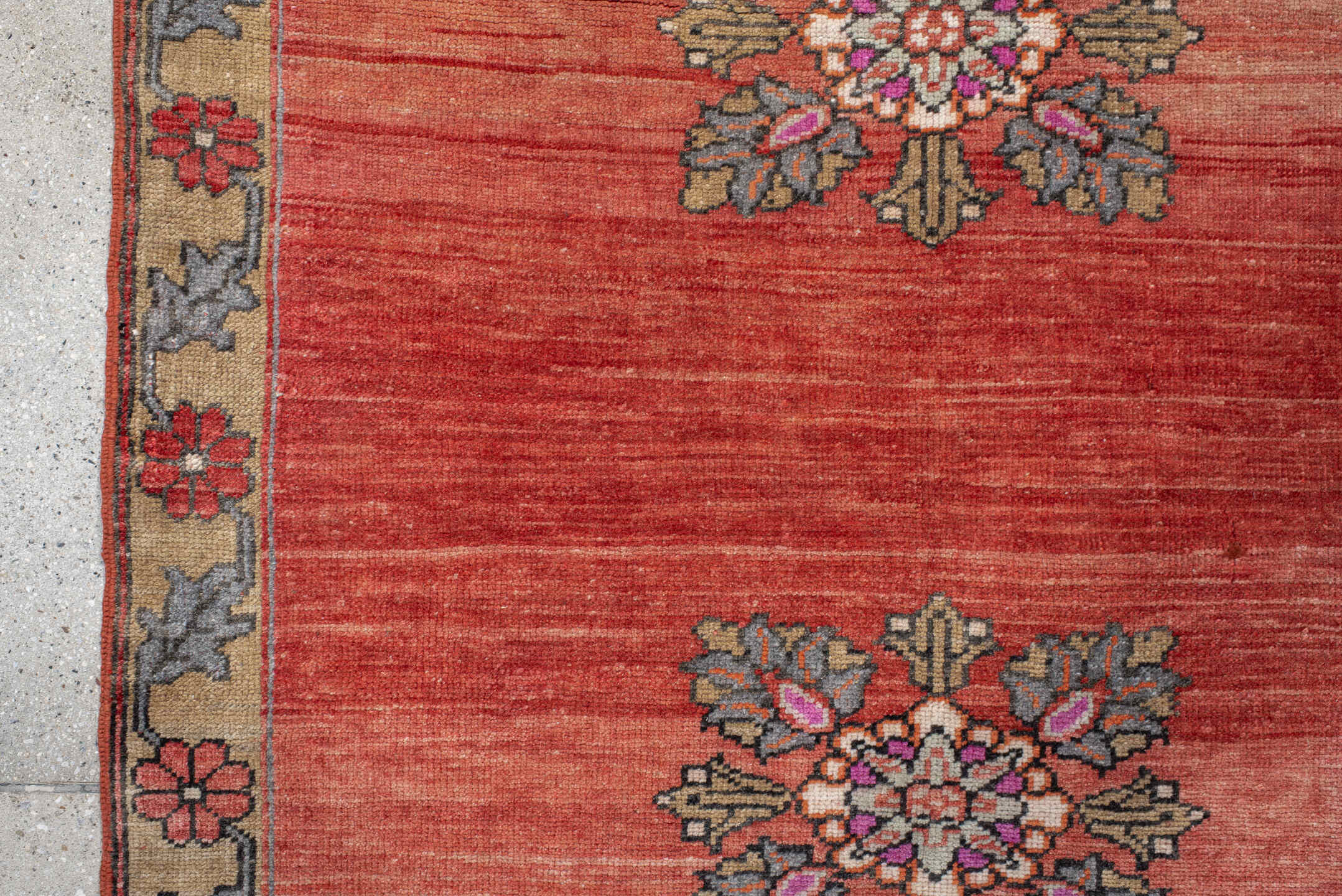 3' x 6' one-of-a-kind handmade antique Anatolian small size rug. Color palette: terra cotta, ivory, slate, rust, rose, olive