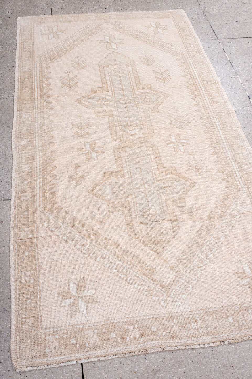 3' x 6' one-of-a-kind handmade antique Anatolian small size rug. Color palette: ivory, beige, blush, taupe, sand, pink, gray