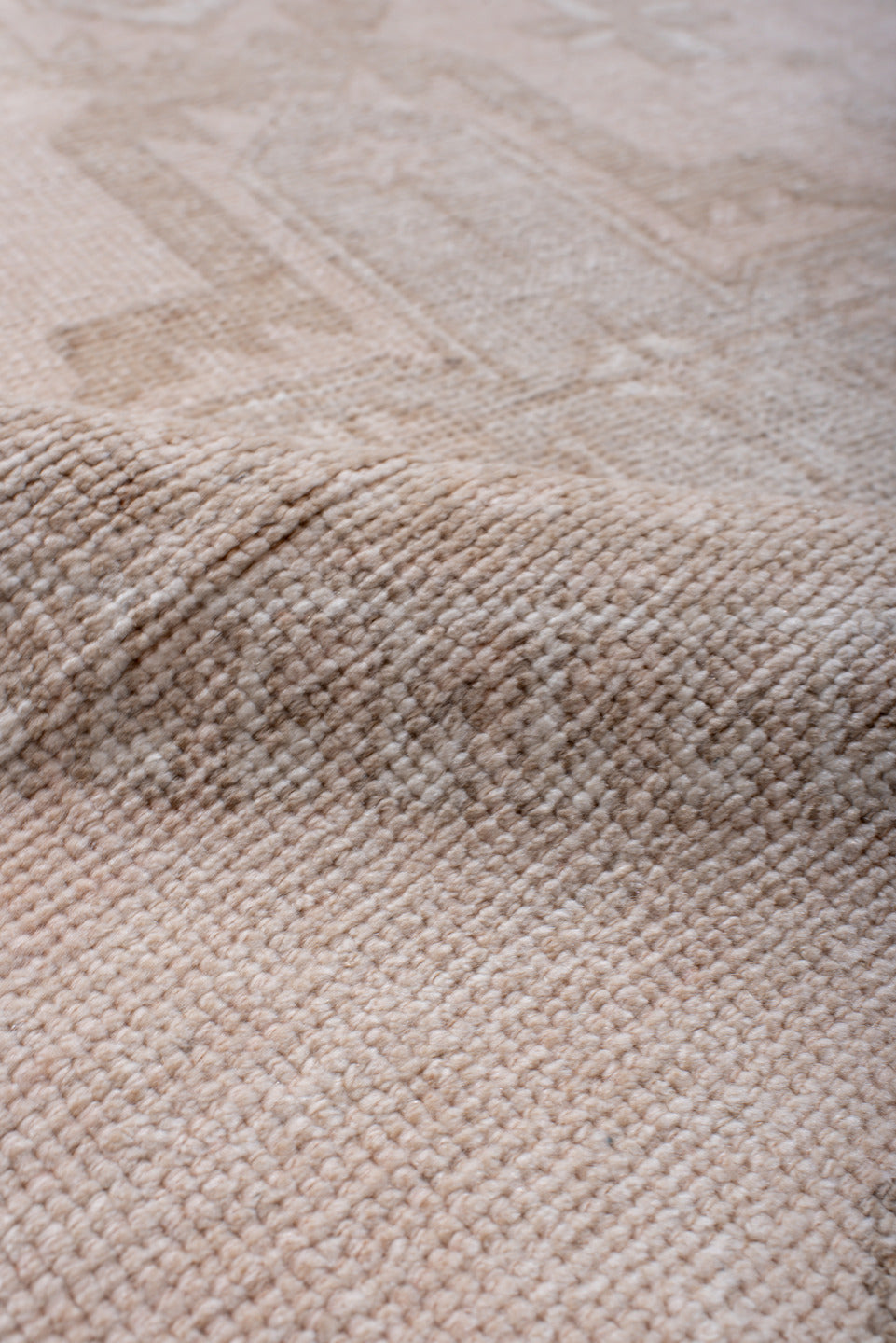 3' x 6' one-of-a-kind handmade antique Anatolian small size rug. Color palette: ivory, beige, blush, taupe, sand, pink, gray