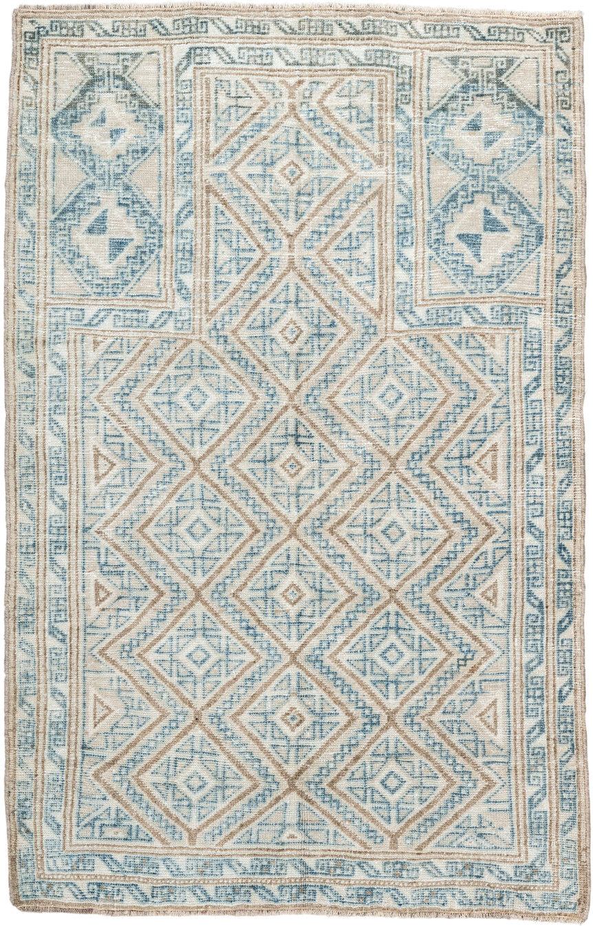 3' x 4' one-of-a-kind handmade antique Belouch small size rug. Color palette: ivory, sky blue, camel, beige, light blue