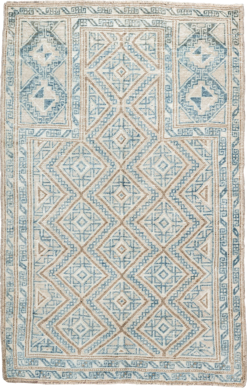 3' x 4' one-of-a-kind handmade vintage Belouch small size rug. Color palette: blue, brown, dark gray, fiord, gray