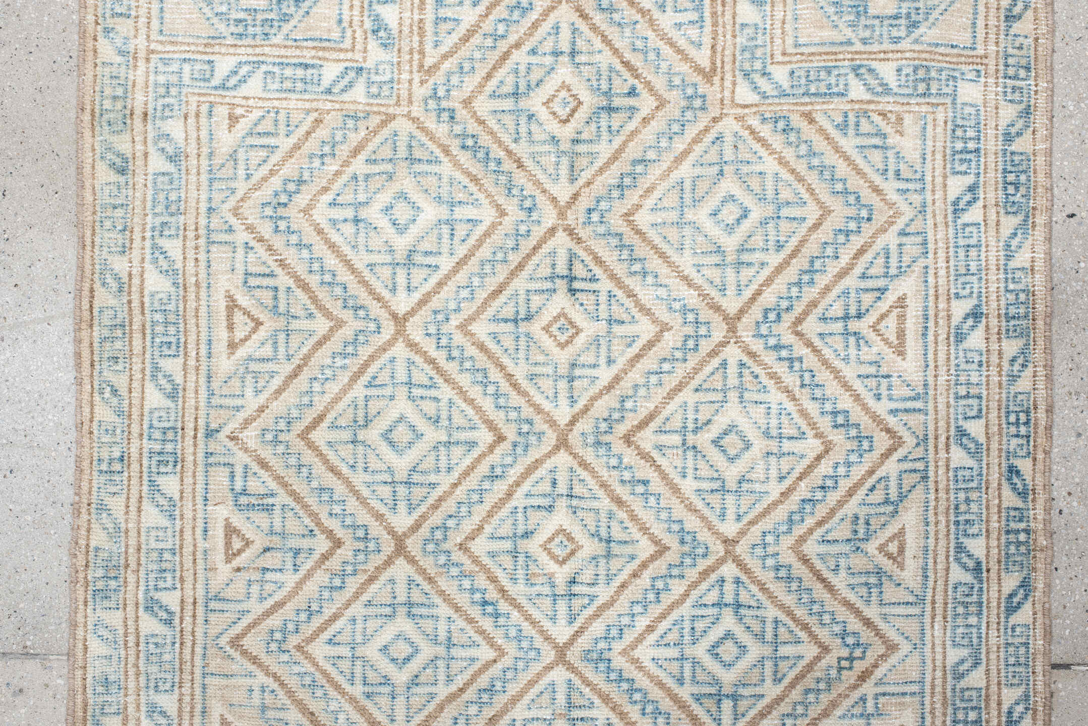 3' x 4' one-of-a-kind handmade antique Belouch small size rug. Color palette: ivory, sky blue, camel, beige, light blue