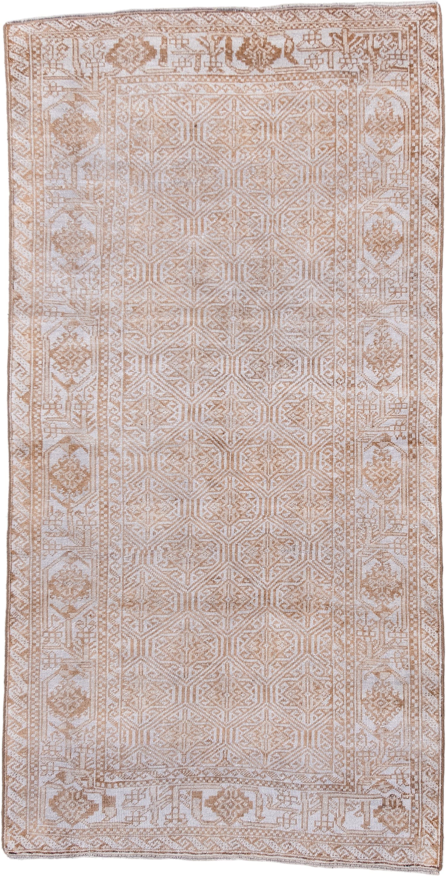 3' x 7' one-of-a-kind handmade antique Belouch rug. Color palette: ivory, camel, tan, taupe, beige, gray