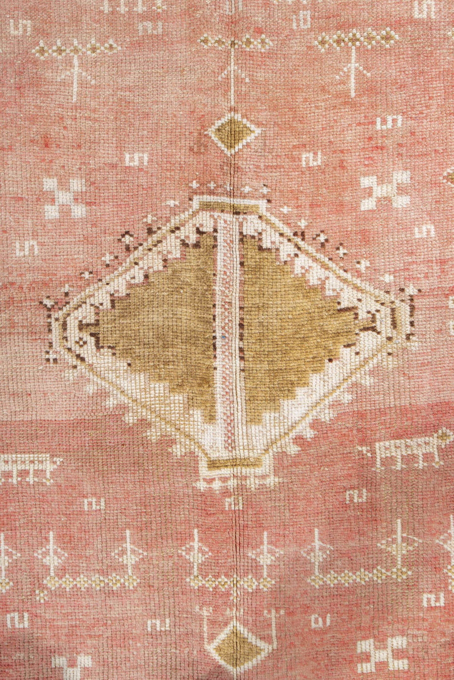 4' x 8' one-of-a-kind handmade antique Moroccan rug. Color palette: salmon, ivory, ochre, camel, rose, tan, blue, pink, gold
