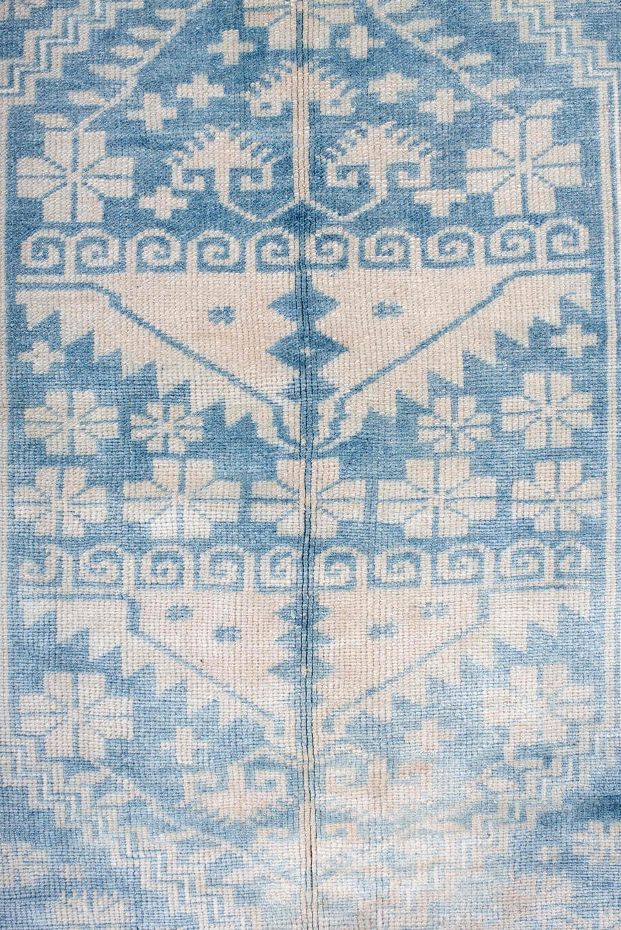 3' x 5' one-of-a-kind handmade antique Anatolian small size rug. Color palette: ivory, sky blue, powder blue, cream