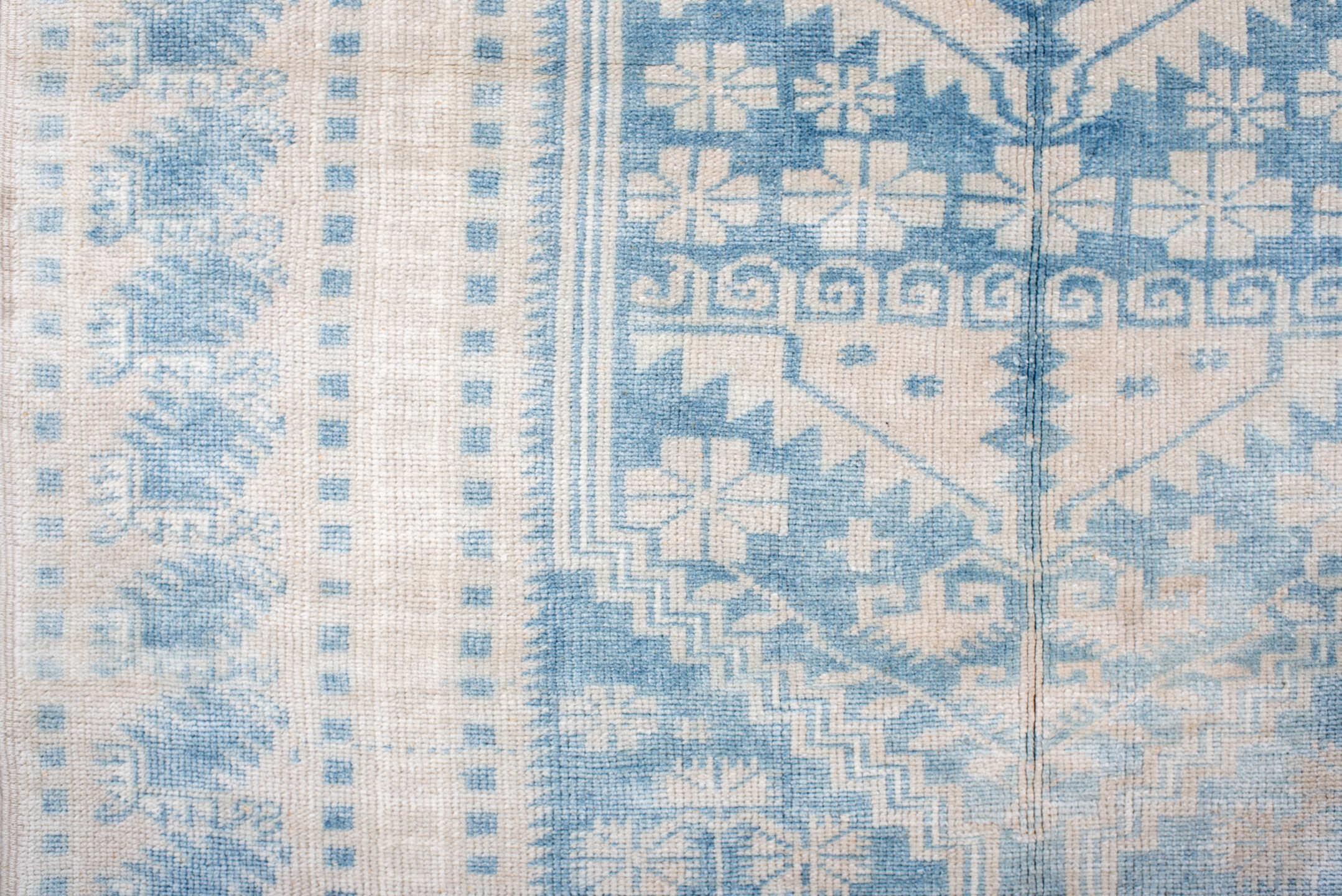 3' x 5' one-of-a-kind handmade antique Anatolian small size rug. Color palette: ivory, sky blue, powder blue, cream
