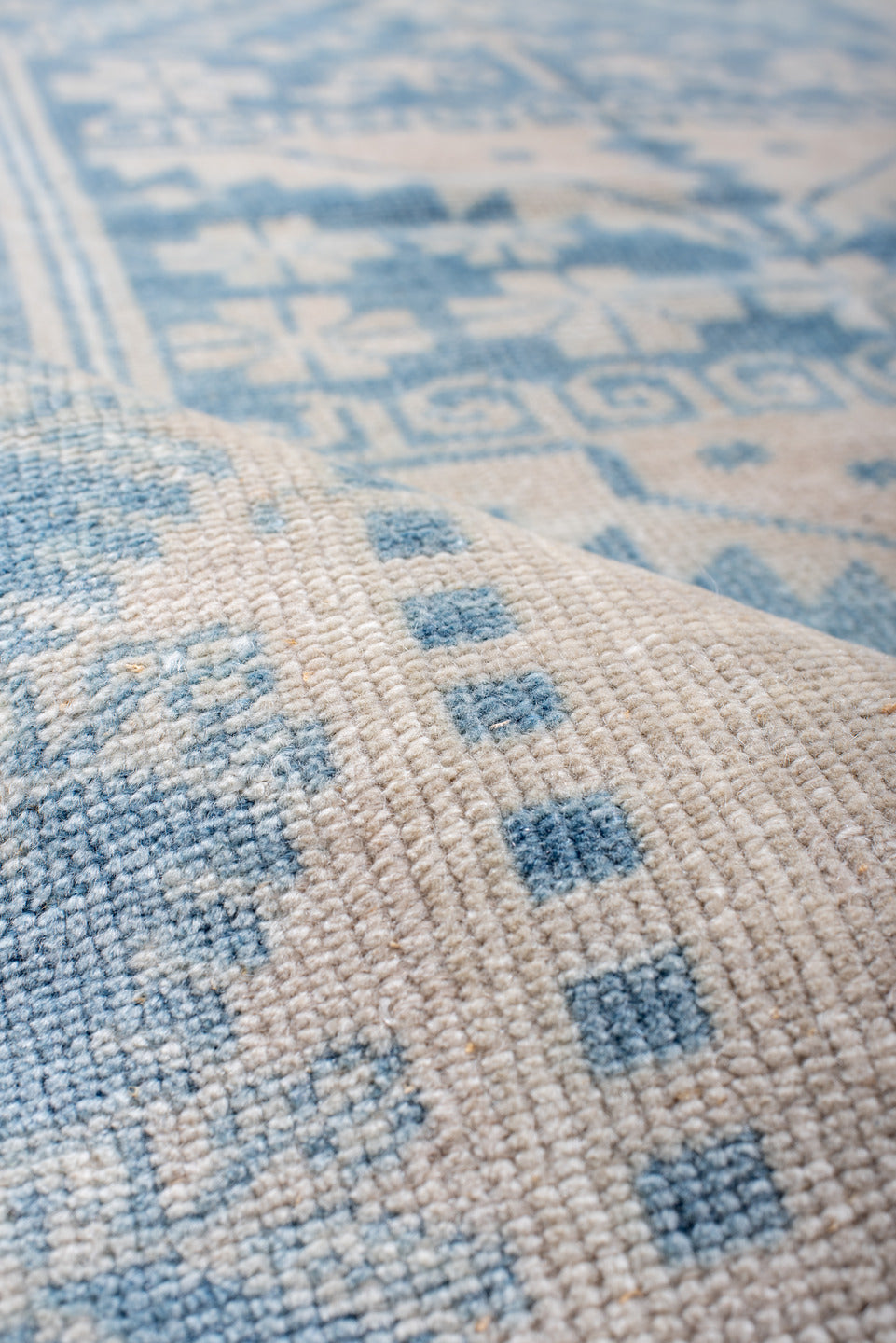 3' x 5' one-of-a-kind handmade antique Anatolian small size rug. Color palette: ivory, sky blue, powder blue, cream