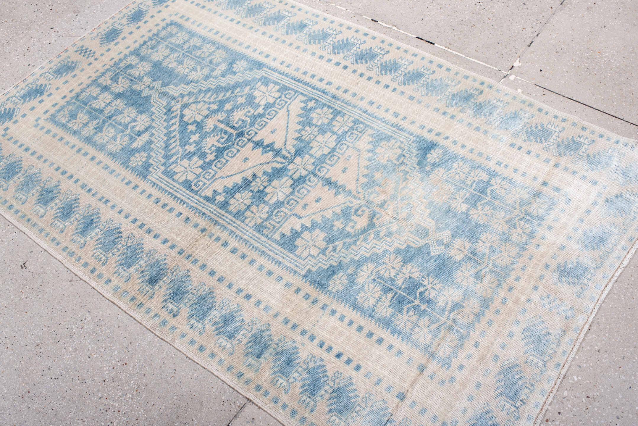 3' x 5' one-of-a-kind handmade antique Anatolian small size rug. Color palette: ivory, sky blue, powder blue, cream