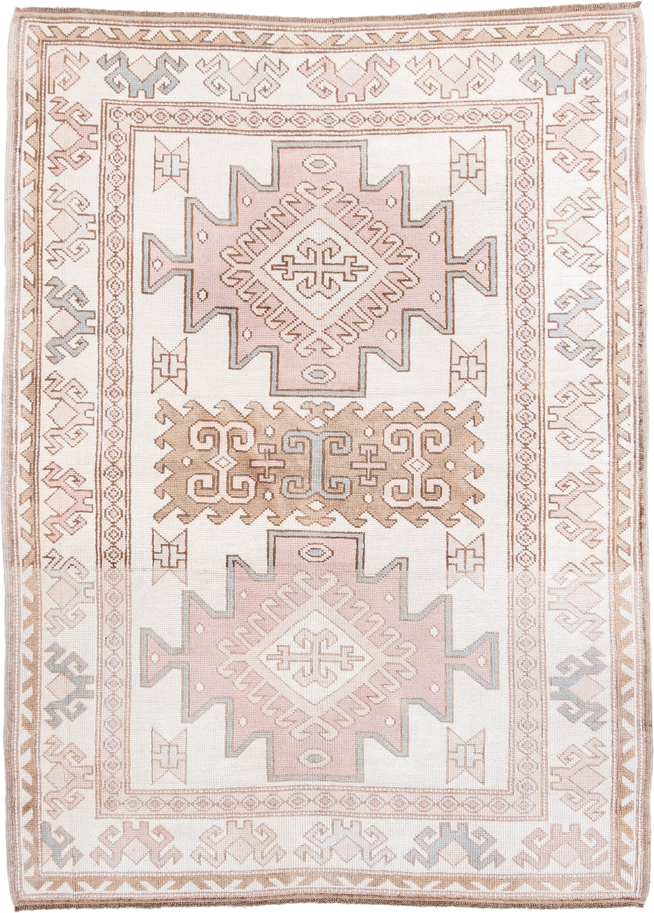4' x 5' one-of-a-kind handmade vintage Anatolian small size rug. Color palette: ivory, blush, taupe, camel, pale blue, pink