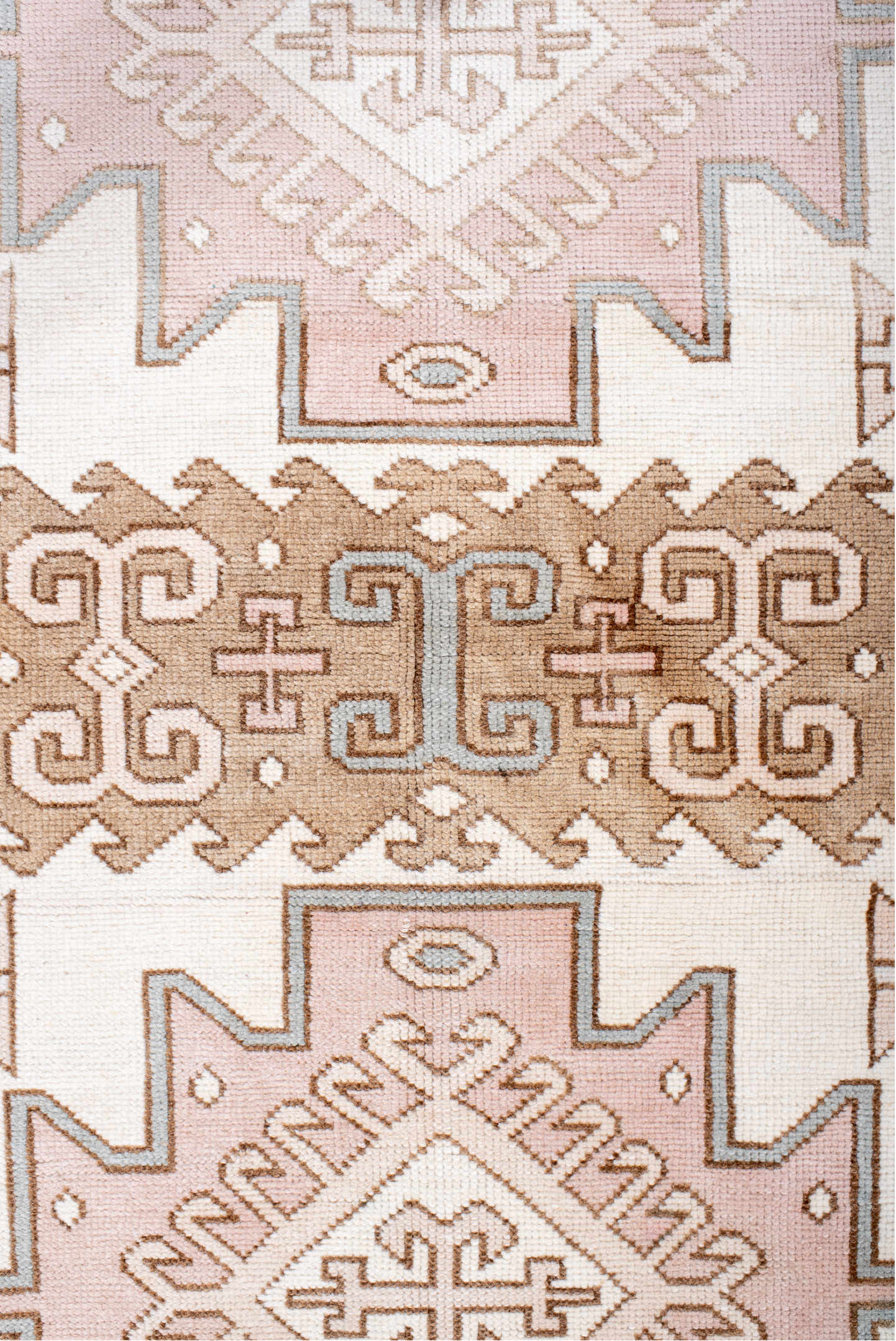 4' x 5' one-of-a-kind handmade vintage Anatolian small size rug. Color palette: ivory, blush, taupe, camel, pale blue, pink