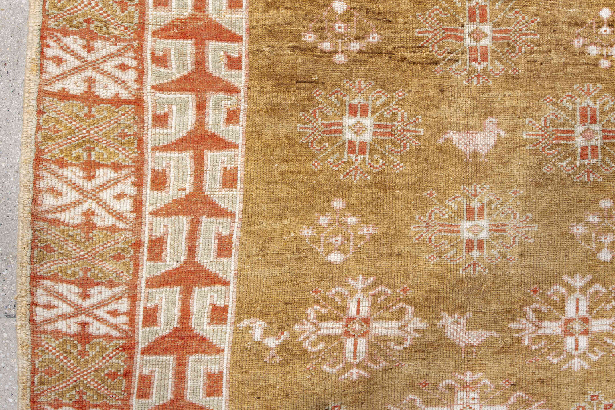 4' x 6' one-of-a-kind handmade antique Anatolian rug. Color palette: camel, ivory, terra cotta, olive, brown, rose, beige