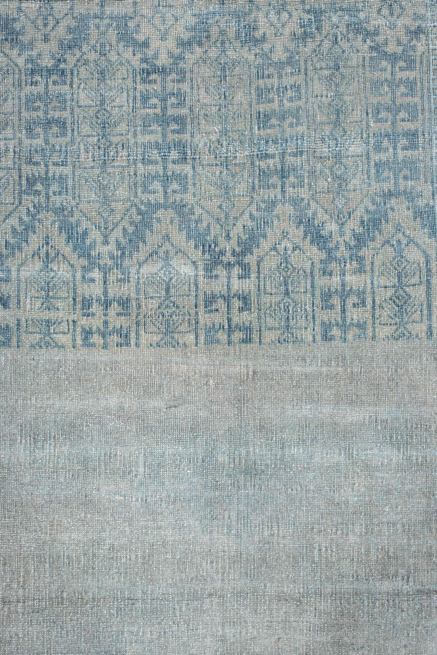 3' x 7' one-of-a-kind handmade vintage Belouch runner rug. Color palette: pale blue, slate, ivory, gray, light blue