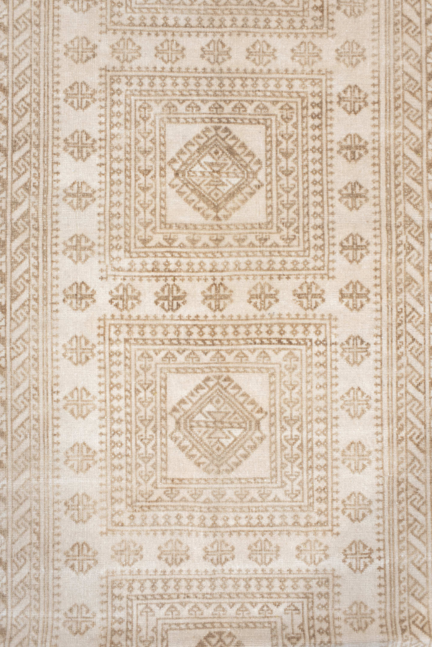 3' x 6' one-of-a-kind handmade vintage Belouch small size rug. Color palette: ivory, camel, taupe, beige, gray