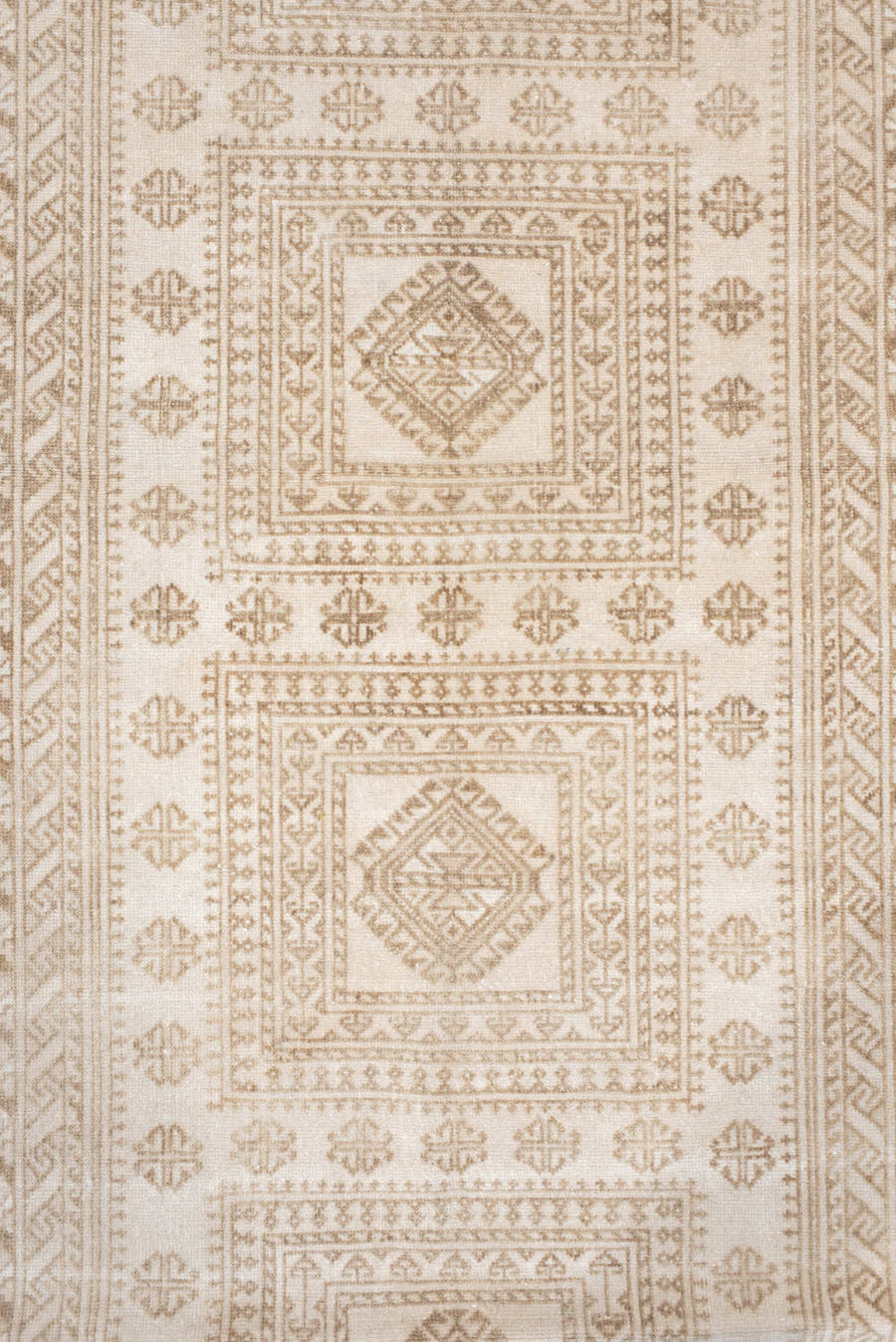 3' x 6' one-of-a-kind handmade vintage Belouch small size rug. Color palette: ivory, camel, taupe, beige, gray