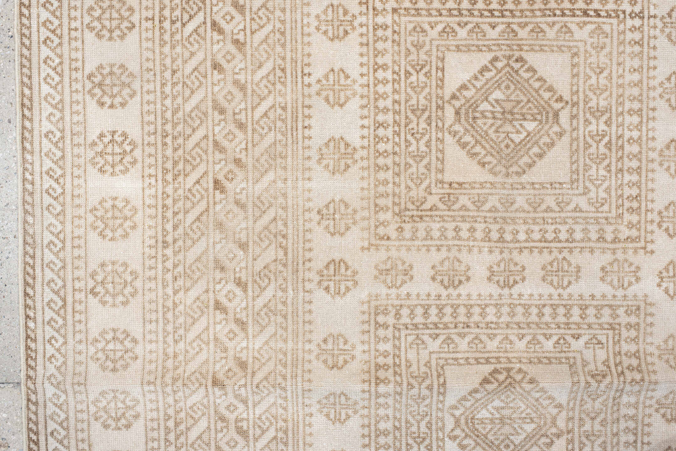 3' x 6' one-of-a-kind handmade vintage Belouch small size rug. Color palette: ivory, camel, taupe, beige, gray