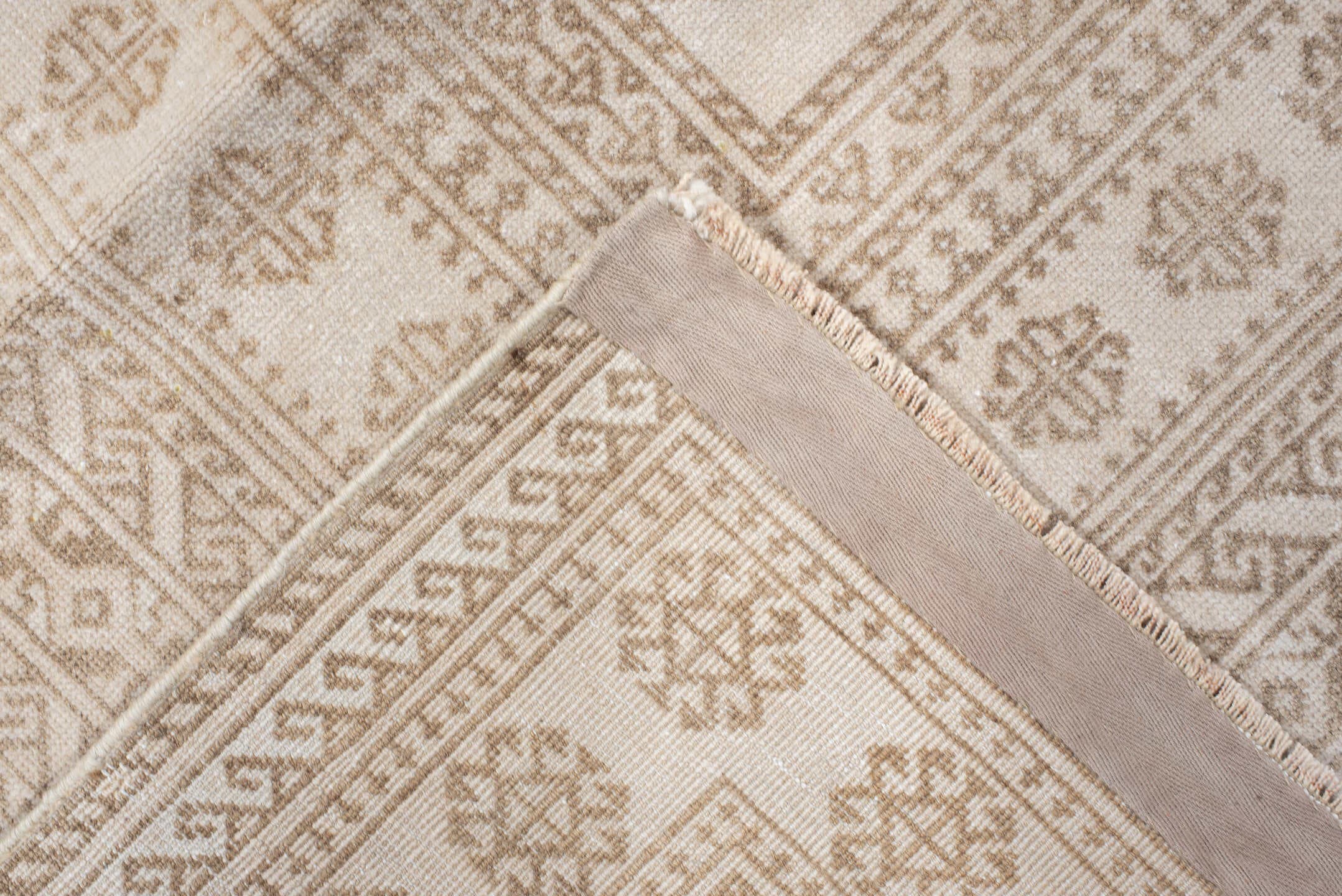 3' x 6' one-of-a-kind handmade vintage Belouch small size rug. Color palette: ivory, camel, taupe, beige, gray