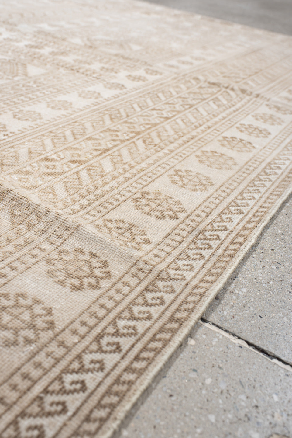 3' x 6' one-of-a-kind handmade vintage Belouch small size rug. Color palette: ivory, camel, taupe, beige, gray
