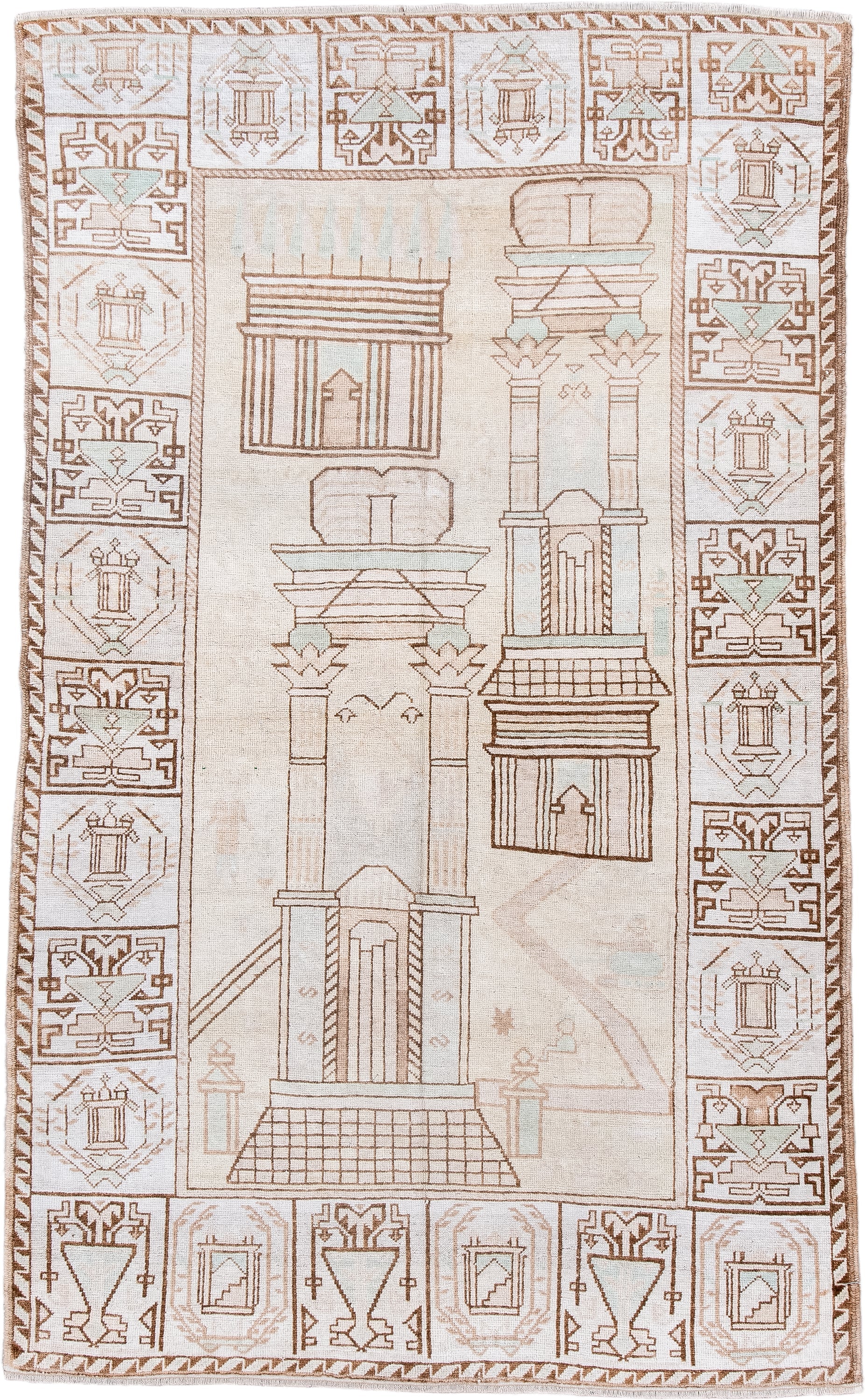 3' x 6' one-of-a-kind handmade antique Belouch small size rug. Color palette: ivory, camel, taupe, pale celadon, cream