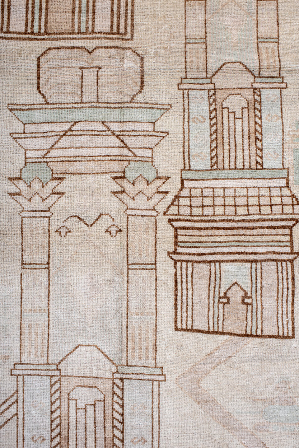 3' x 6' one-of-a-kind handmade antique Belouch small size rug. Color palette: ivory, camel, taupe, pale celadon, cream