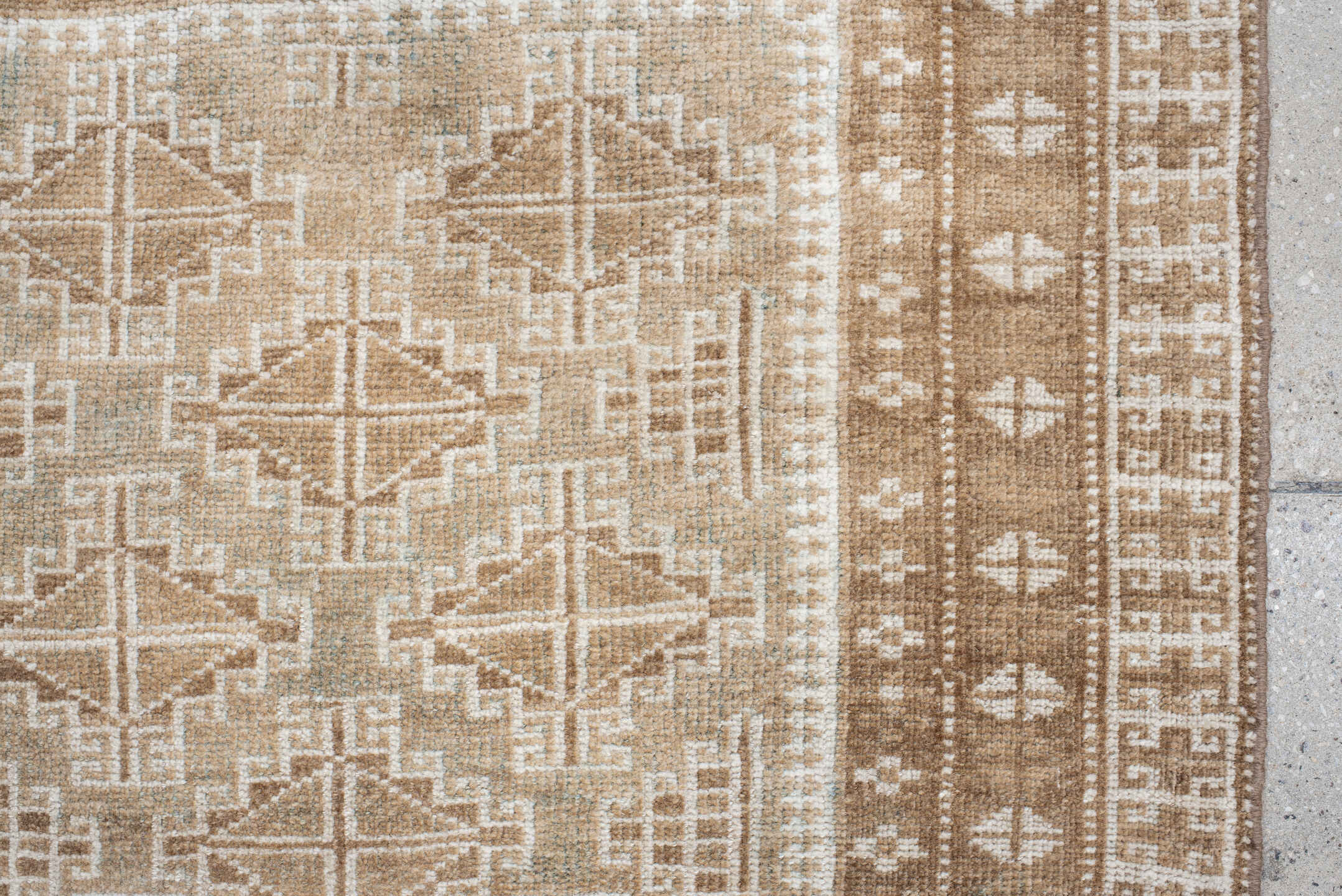2' x 3' one-of-a-kind handmade vintage Belouch small size rug. Color palette: brown, orange, off-white, gray, light gray