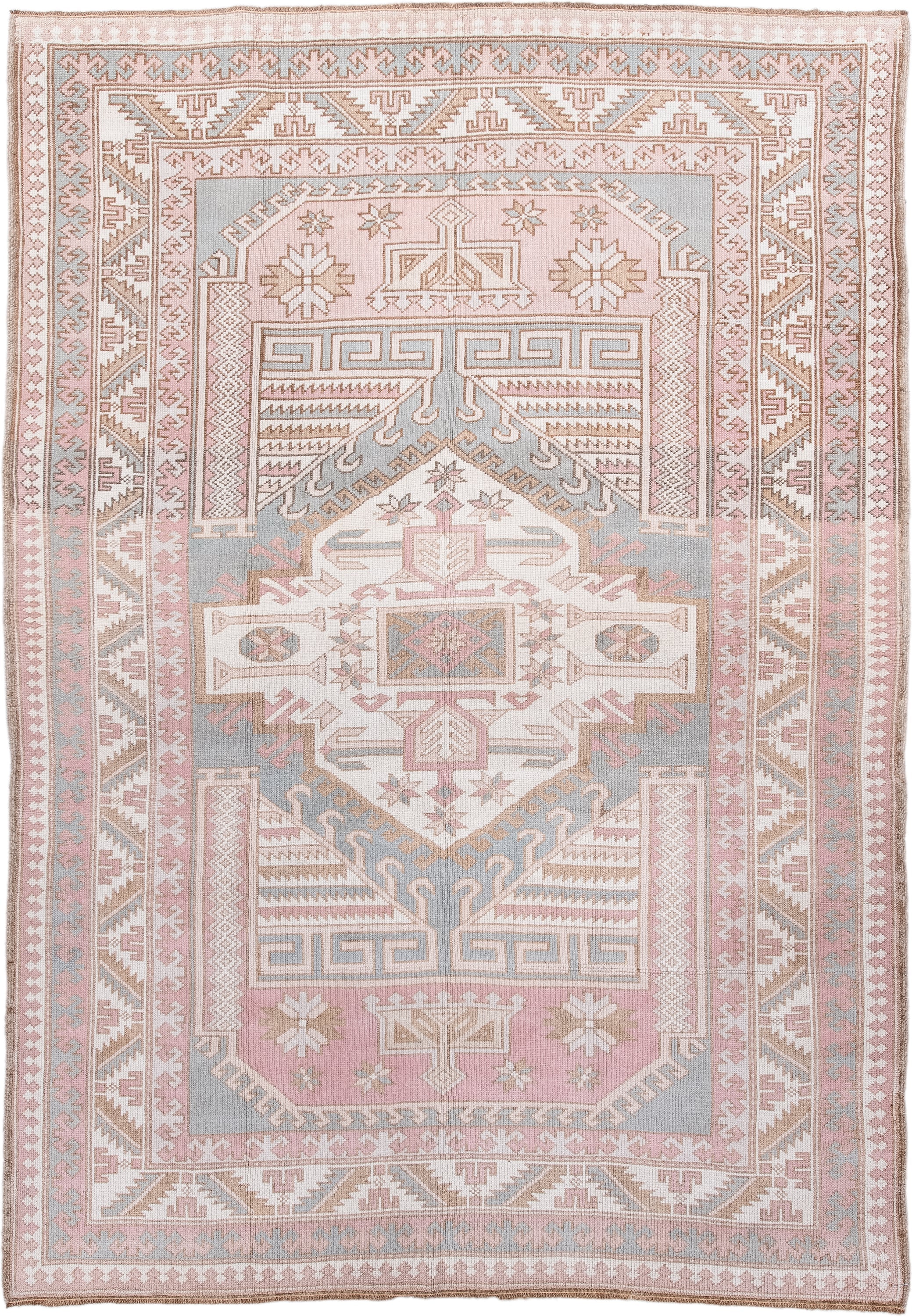 5' x 8' one-of-a-kind handmade antique Oushak medium size rug. Color palette: blush, ivory, pale blue, taupe, sand, rose